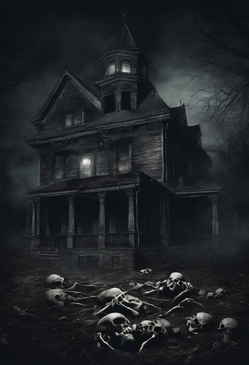 (nighttime scene), Horror, haunted, dead body, skulls, Images of house, Necrotic bacteria, Image style painting, Realistic, Shadows, HD, High quality, Cinematic