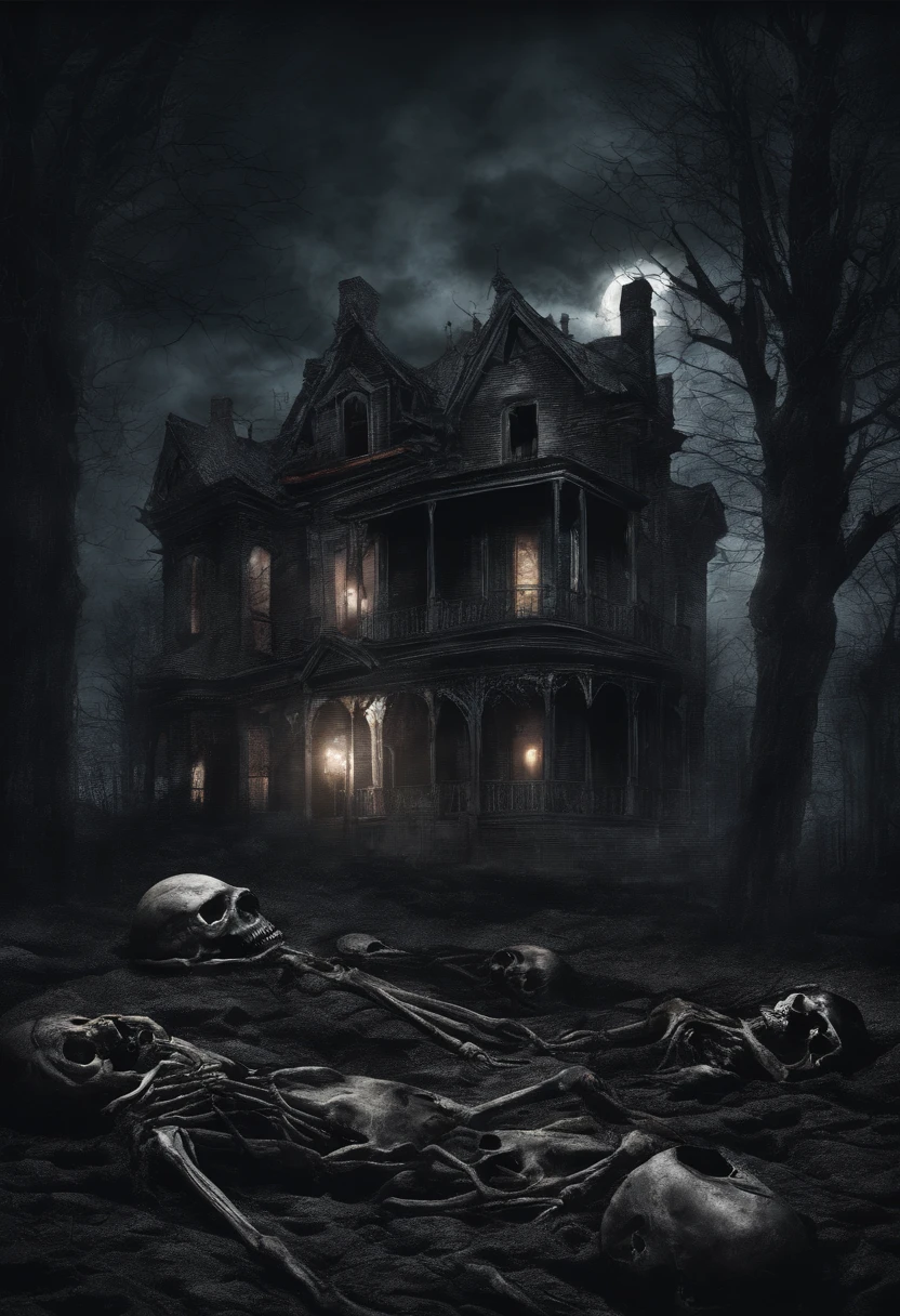 (nighttime scene), Horror, haunted, dead body, skulls, Images of house, Necrotic bacteria, Image style painting, Realistic, Shadows, HD, High quality, Cinematic