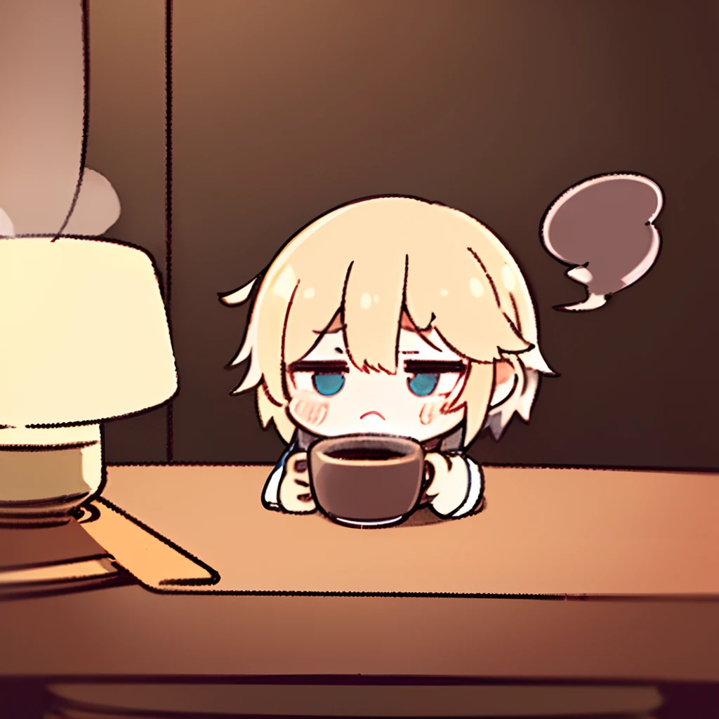 (tired boy,coffee,late night,exhausted,comforting atmosphere,cozy surroundings,yawning) (chibi:1.2), (sleepy eyes,slouched posture,lazy gestures), (mesmerizing aroma,mug,smoke rising), (soft glow,warm lighting), (peaceful,relaxed), (dreamy,whimsical), (savoring every sip) sticker