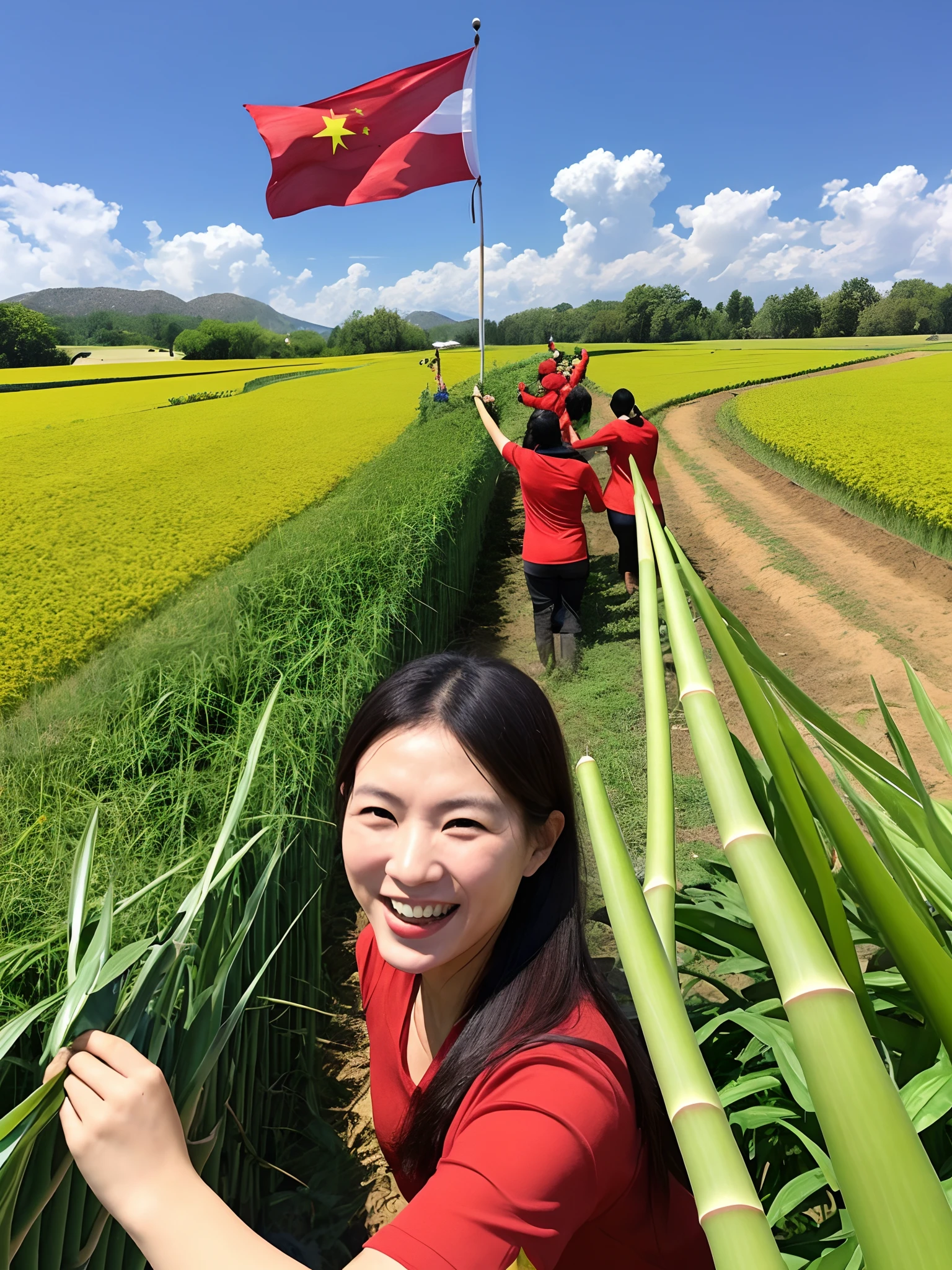 titles：Celebrate the National Day of the People's Republic of China

background：A huge five-star red flag fluttered against the blue sky and white clouds，A national symbol that symbolizes China。

Main picture：Dozens of farmers plant rice in their fields，Hand carrying a bamboo basket，Face ahead with a smile