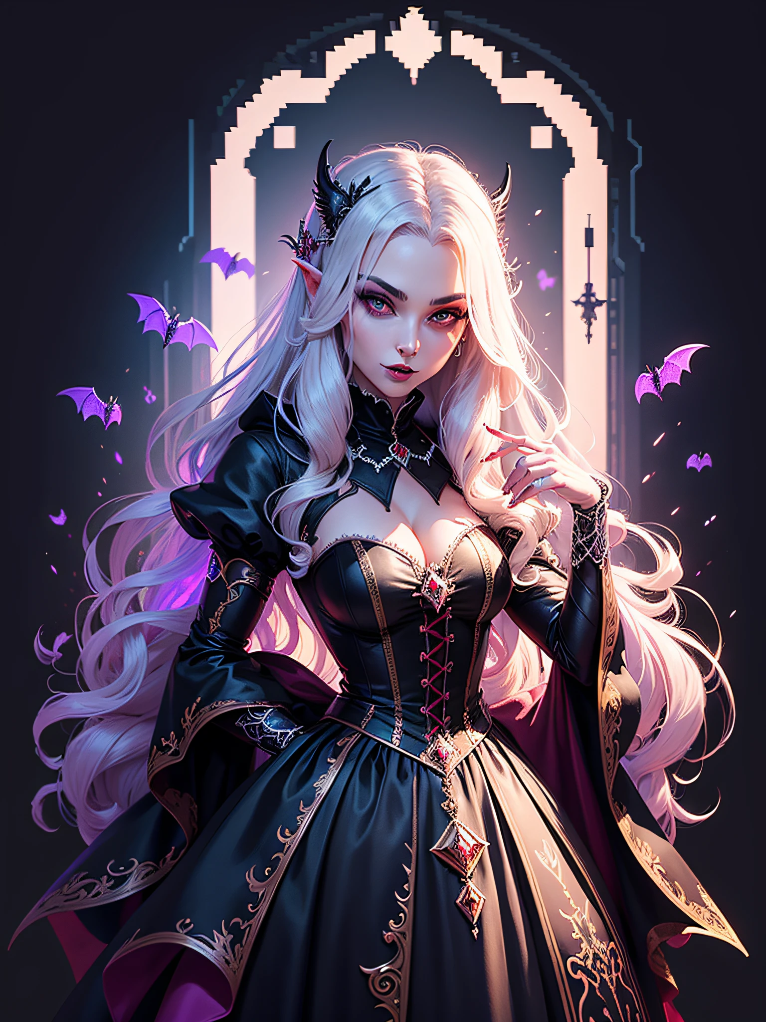 fabulous pixel art of a vampire in your castle pixel art, beautiful and detailed pixel art, hyper detailed pixel art, conceptual pixel art, high quality pixel art, high quality pixel art, high quality pixel art, high quality pixel art, bioluminescent lighting, colorful, high contrast colors, Pixel art style, Pixel art:3, 4k, beautiful