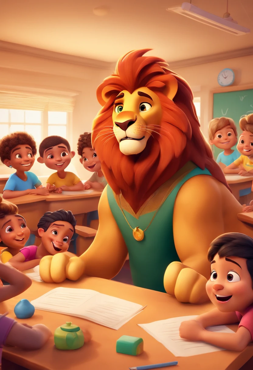 Happy Daren Lion wearing a black t-shirt in a classroom with happy children in Disney Pixar 3D style
