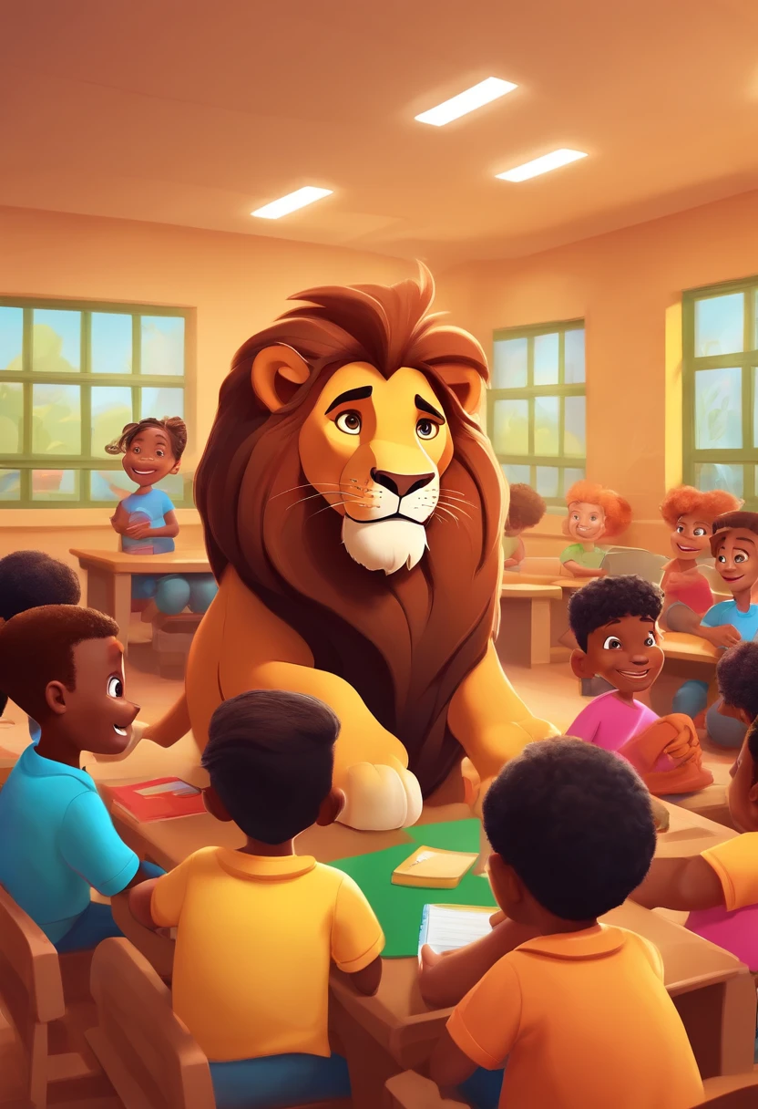 Happy Daren Lion wearing a black t-shirt in a classroom with happy children in Disney Pixar 3D style