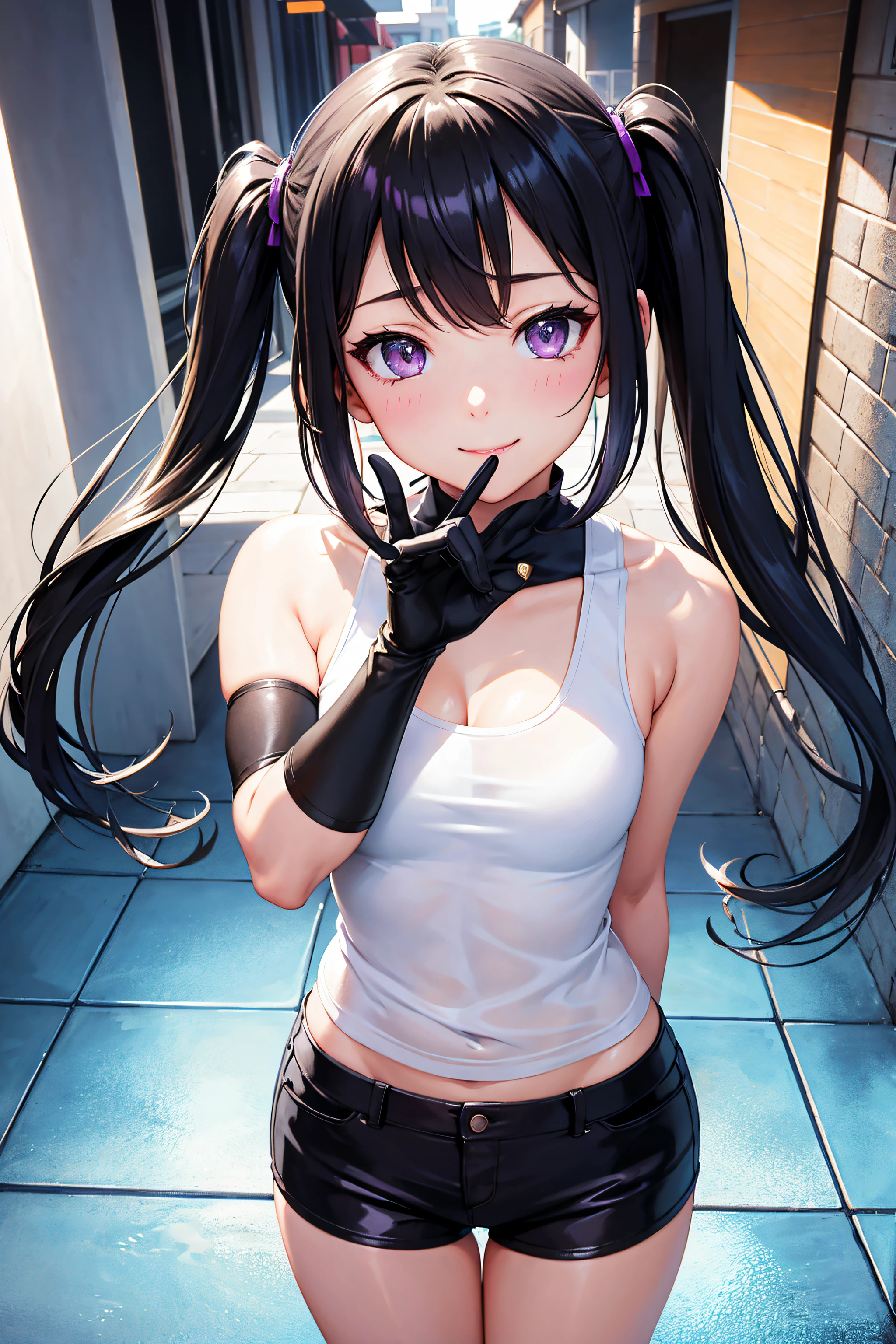 photo ,selfie, Beautiful illustration、masutepiece, top-quality, From above, Night, ((backstreet)), 1 girl,e litrl、minigirl, 4th grade Standing, Talking, Seductive smile, Black hair, twintails, Purple eyes, ((Black Hot Pants)),Sexy, tshirts , lovely thighs、glowing thigh, Shiny Skin, Sexy, NSFW,