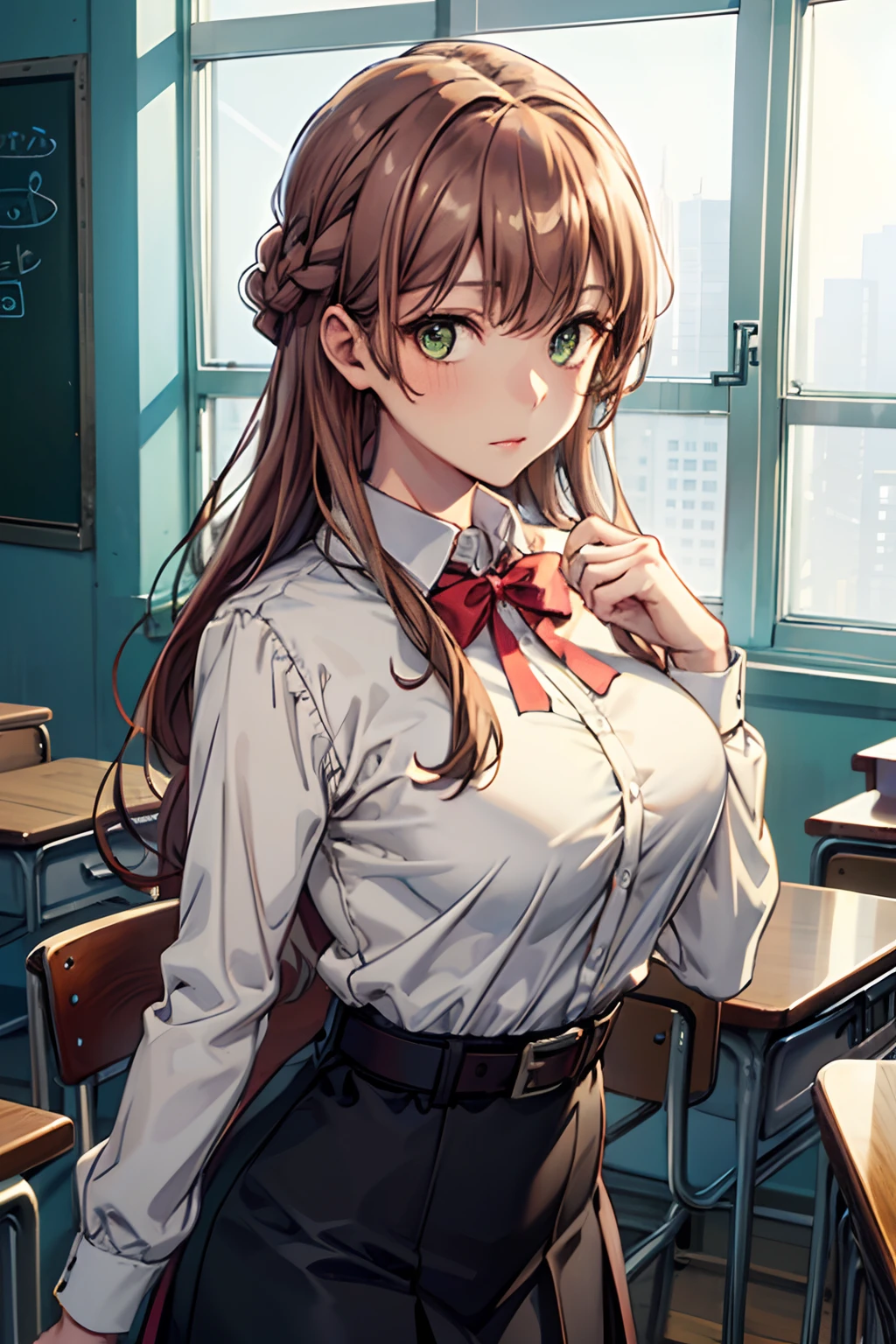 ((masterpiece,best quality)), highres, extremely detailed 8K wallpaper, depth_of_field, cowboy shot, solo, 1girl, saeki_sayaka_yagatekimininaru, long_hair, light brown hair, braid, green_eyes, bow, big breasts, , school uniform, white sailor collar, brown jacket, brown sleeves, red bow, red ribbon, black shirt, belt, classroom, night,