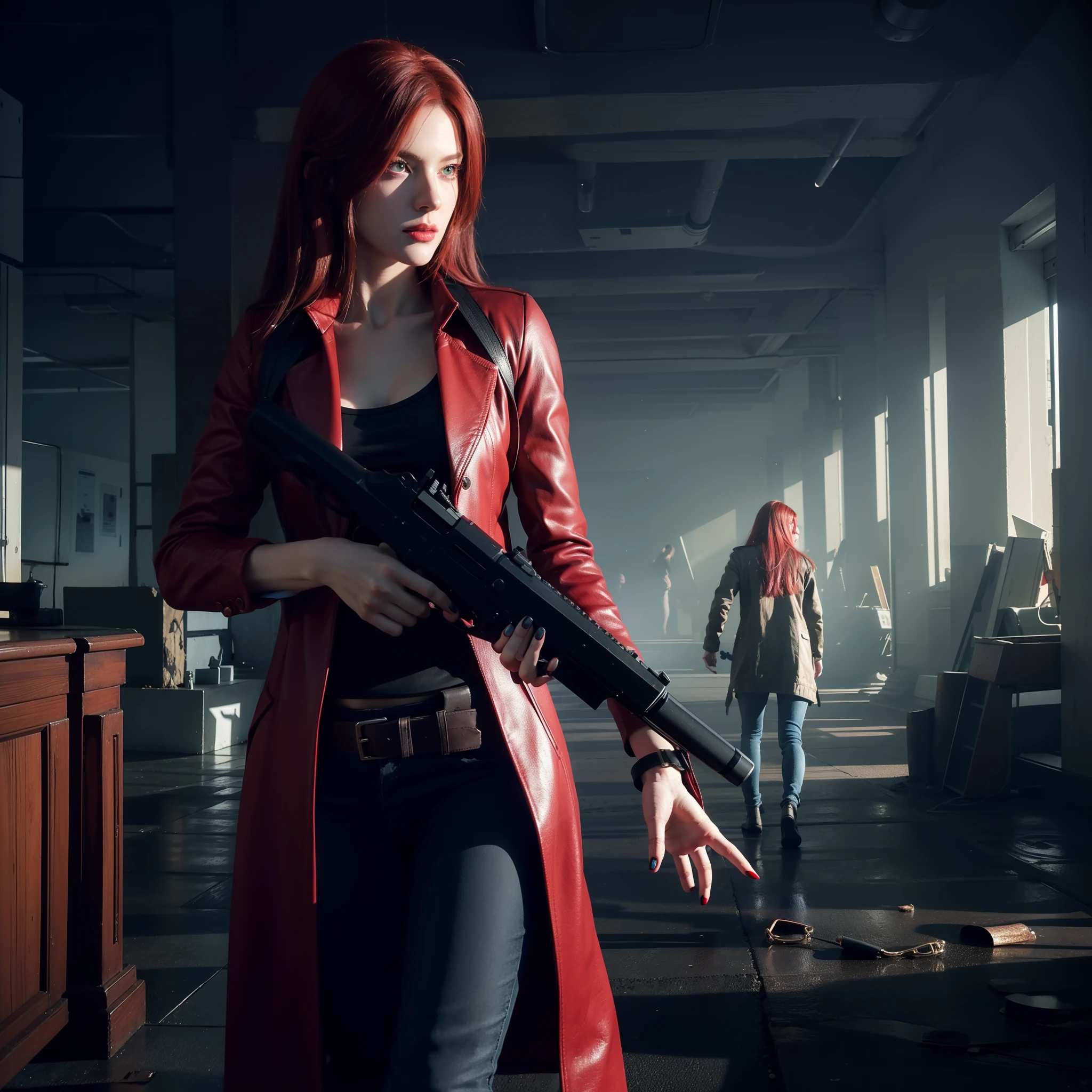 4K,HD, Claire Redfield 40 years old, beautiful face, looking at viewer, very long red hair, perfect Face, black jeans, red long coat with black t-shirt, red nail polish, friendly face, Glare, holding a gun