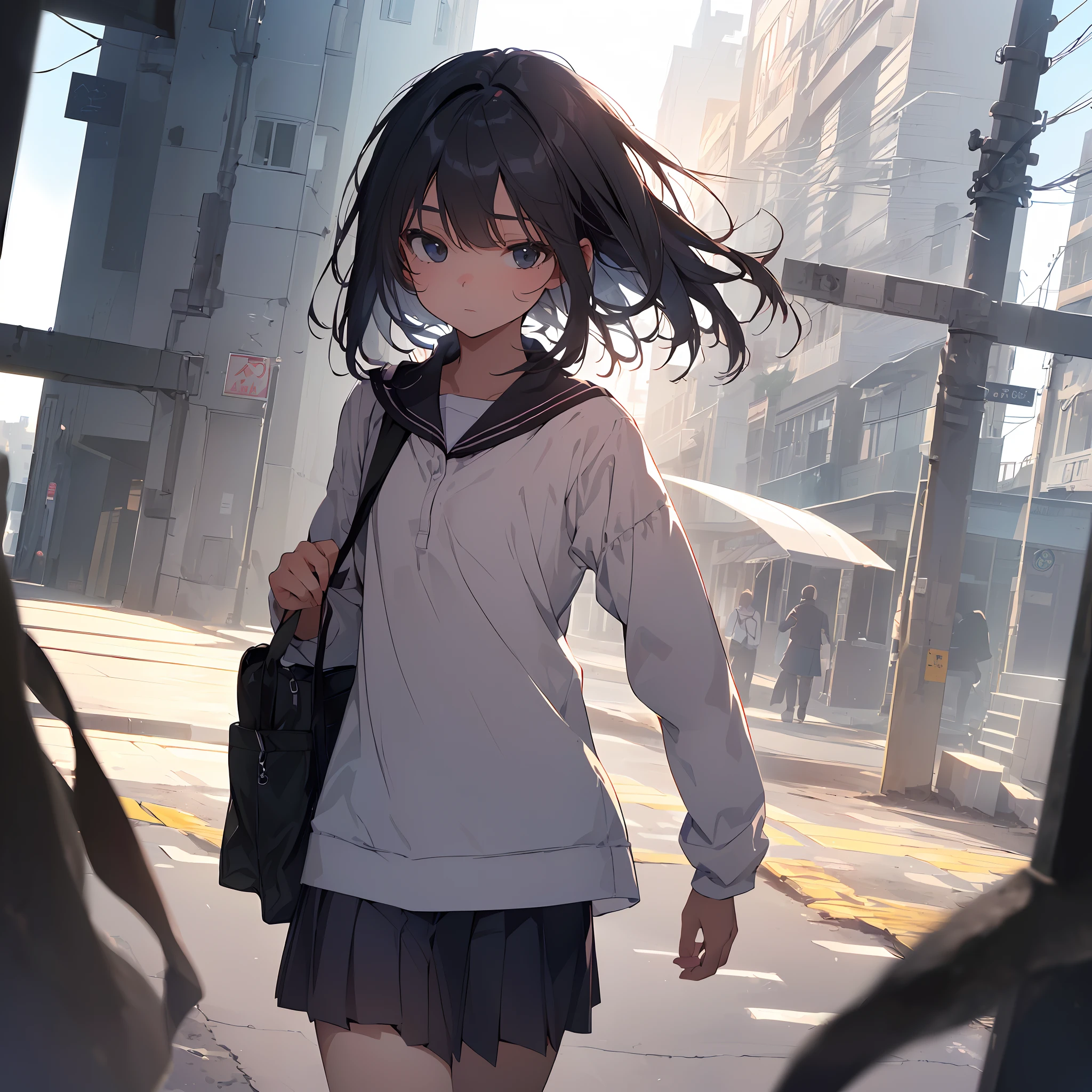 ((top quality,ultra-detailed,high resolution,extremely detailed CG,unity 8k wallpaper,by famous artist,perfect anatomy,super detailed skin,cinematic lighting,UHD, retina, ccurate, anatomically correct, textured skin,1080P)),break,(Please draw a girl walking sleepily to school. :1.3),break, 1girl, (Solo,Loli face,13-year-old:1.5),a junior high school student, (Very Short hair),Full limbs,complete fingers,flat chest, Small butt, androgynous charm, groin, Beautiful detailed black eyes, disgusted eye, school Uniform,(Detailed Lighting), (Detailed background), (in the school zone),