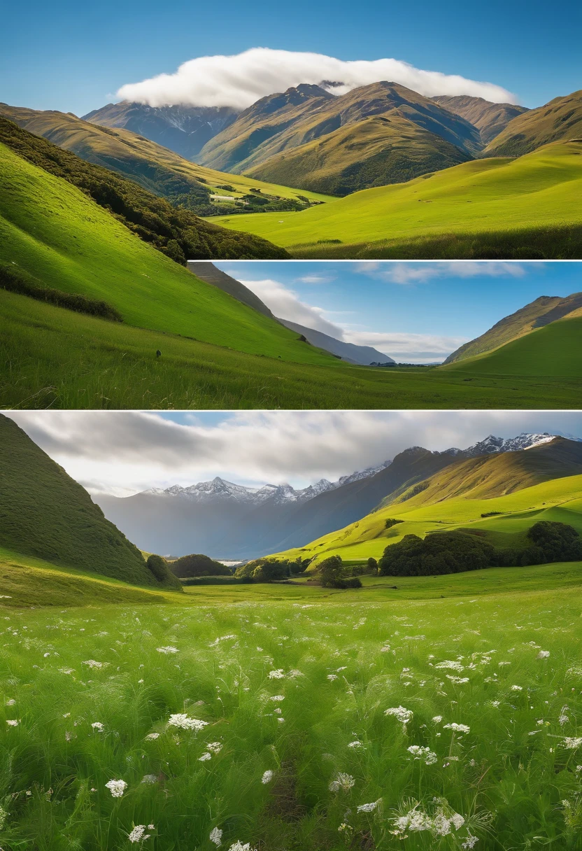 Green meadow,((White flock)),White cloudless sky,new zealand,4K,k hd