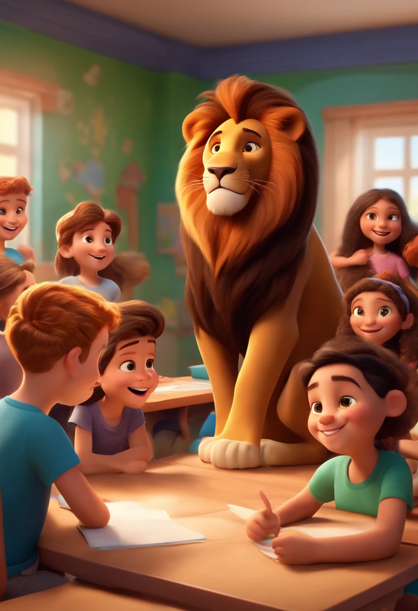 Happy Daren Lion wearing a black t-shirt in a classroom with happy kids in Disney Pixar 3D style