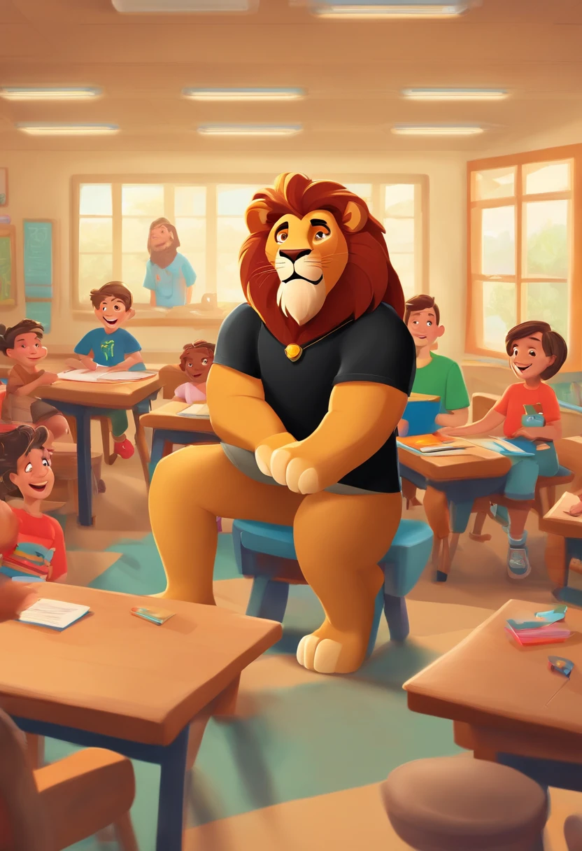 Happy Daren Lion wearing a black t-shirt in a classroom with happy kids in Disney Pixar 3D style