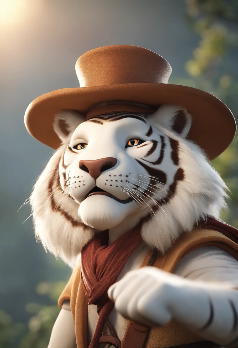 Cartoon character of a man wearing rice hat and riding white Tiger, Asian old man face with rabit teeth, um personagem animado, Caractere estilizado, animation style rendering, 3D estilizado, Arnold Maya render, 3 d render stylized, toon render keyshot, Personagem 3D, Personagem 3D, 3d rendering stylized, 3 d character render, personagem de desenho animado, Personagem de close up, Pose de personagem, (Estilo Pixar) (master part:1.2) (Bokeh) (best quality) (pele detalhada) (textura detalhada) (8k) (argila) (Cinematic lighting) (foco nítido,Senta e vaza a parte superior do corpo