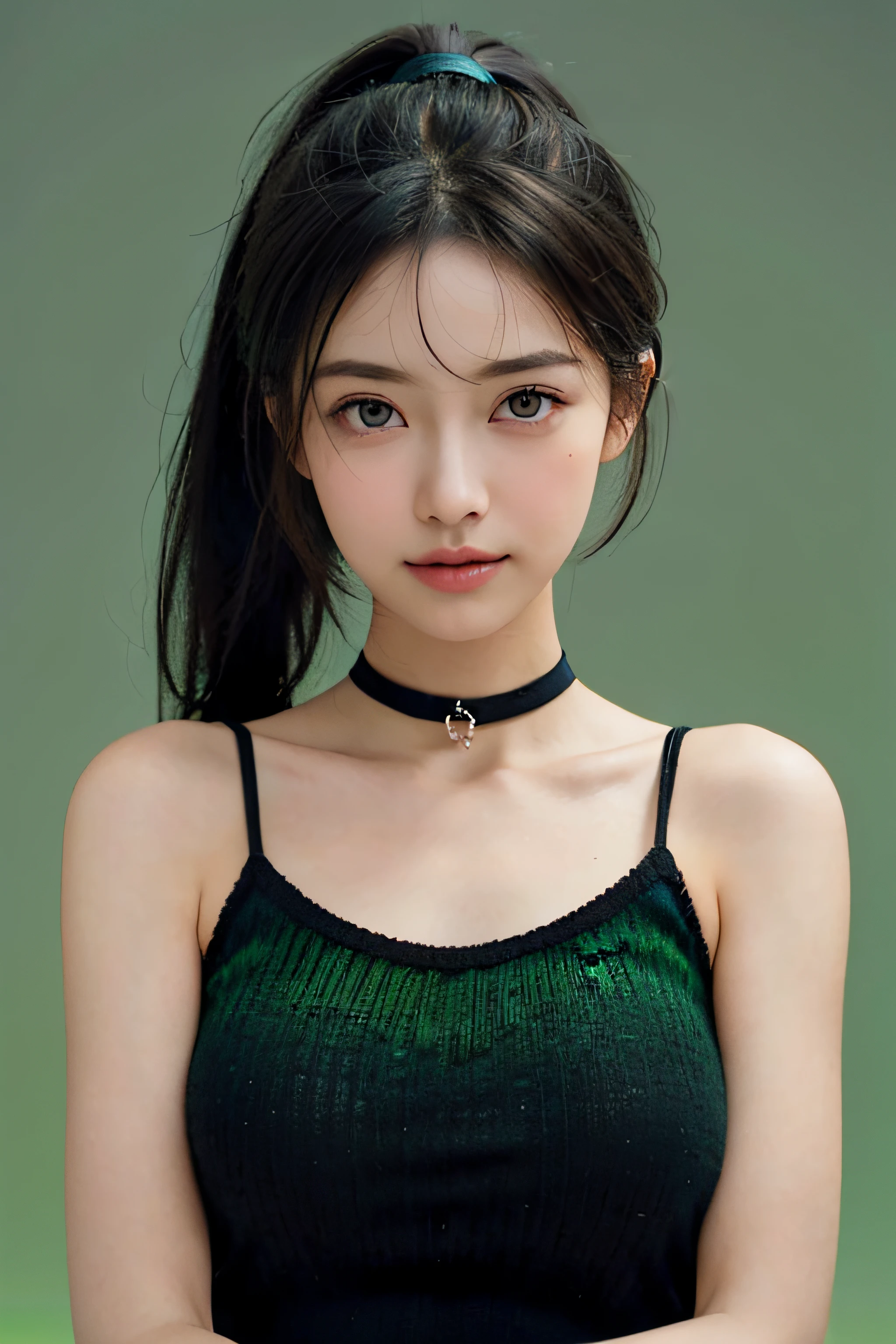 (close up:1.2), (masterpiece, best quality, 8k, official art, raw photo, looking at viewer:1.3), absurdres, violaceaess, gardeniass, black strapless dress and choker, beautiful girl, pretty face, earrings, black hair, film grain, chromatic aberration, sharp focus, facelight, dynamic lighting, cinematic lighting, ultra realistic, highres, extremely detailed eyes and face, sharp pupils, realistic pupils, (simple background, dull green background:1.3)
