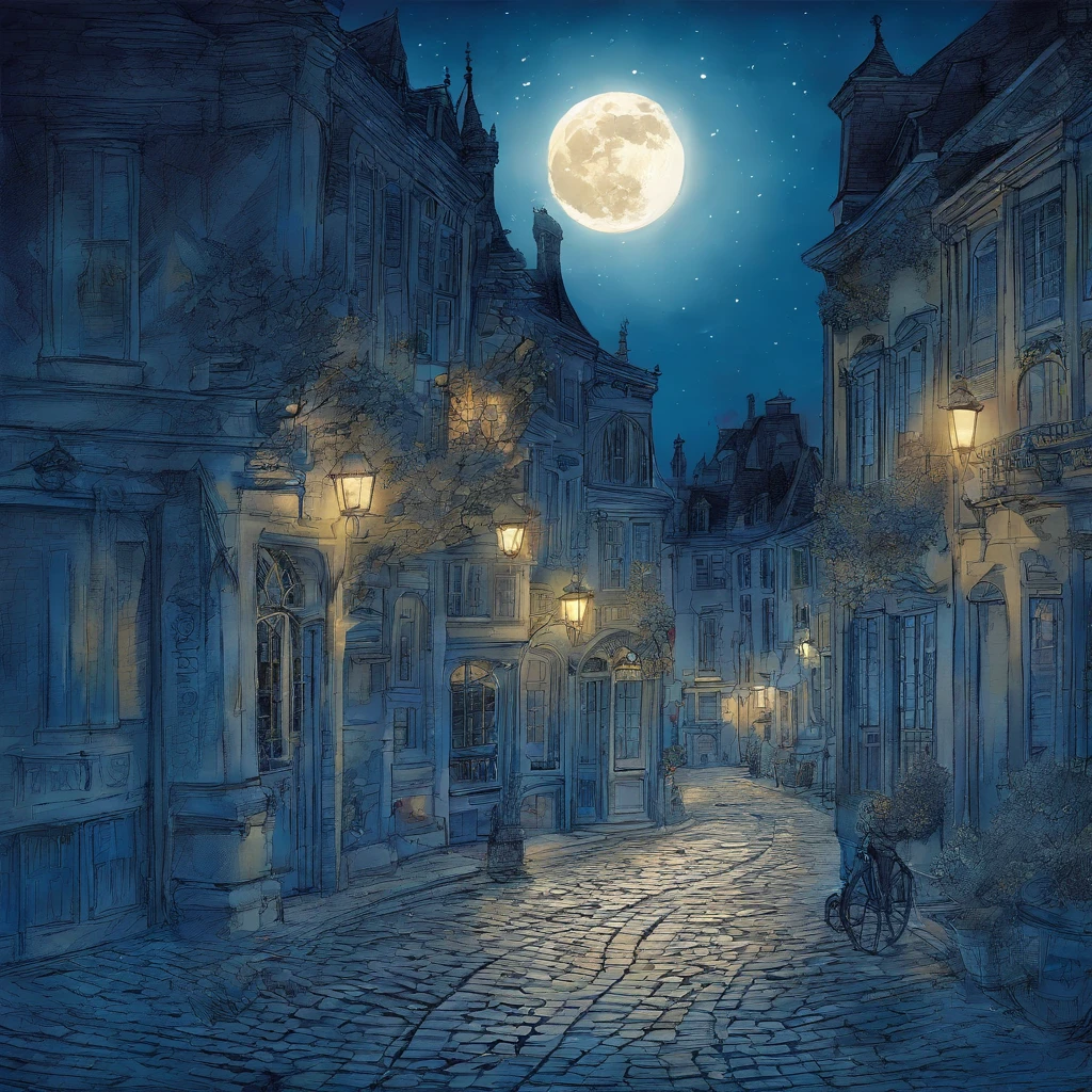 Moonlight shines on a street corner at 2 a.m. in Brussels、Dark shadows form in the city　Pale watercolor style　Fantastic Big Full Moon　There is no light except for a faint light of the street lamps　Picture book illustrations　The overall color is strongly blue.　Fantastic atmosphere