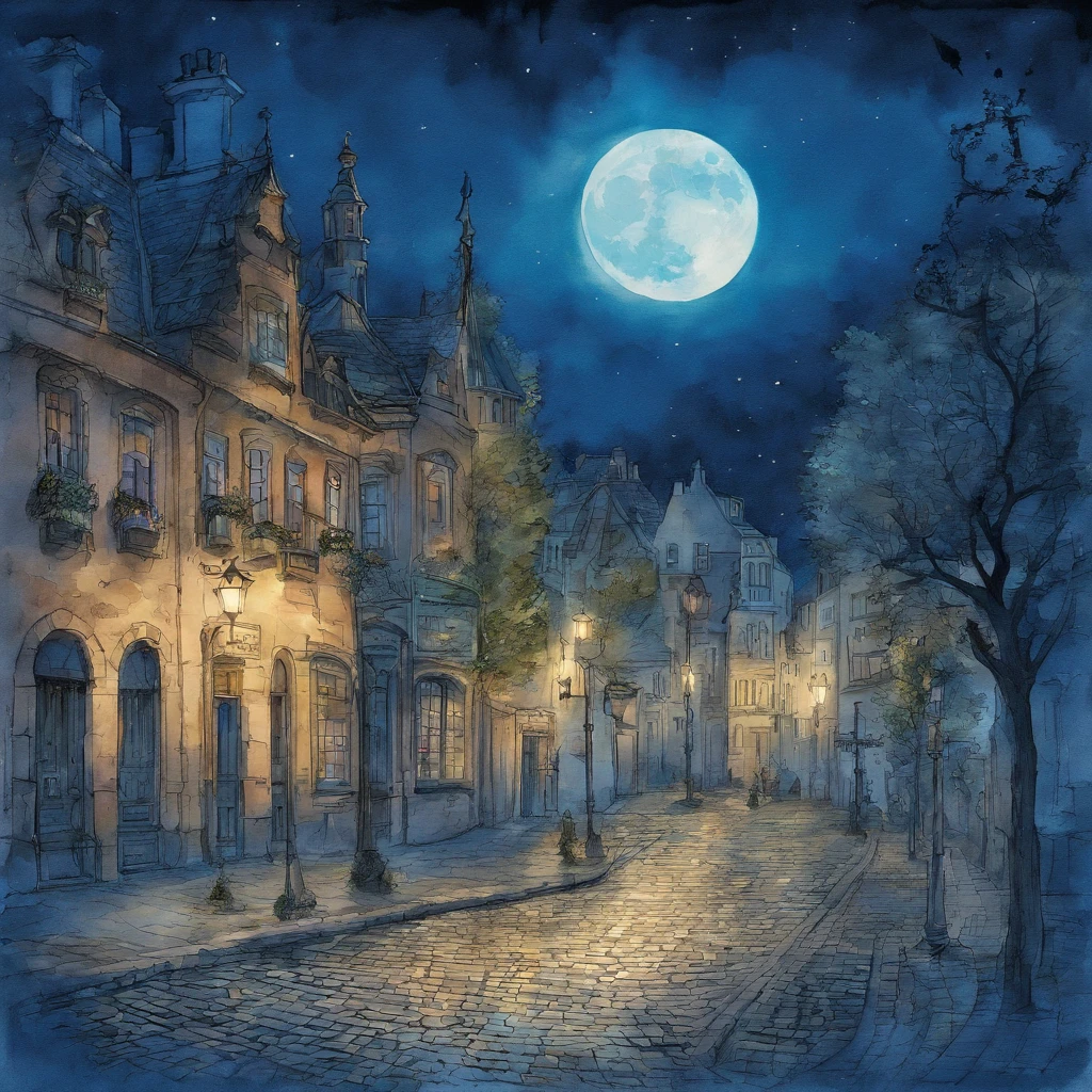 Moonlight shines on a street corner at 2 a.m. in Brussels、Dark shadows form in the city Pale watercolor style Fantastic Big Full Moon There is no light except for a faint light of the street lamps Picture book illustrations The overall color is strongly blue. Fantastic atmosphere