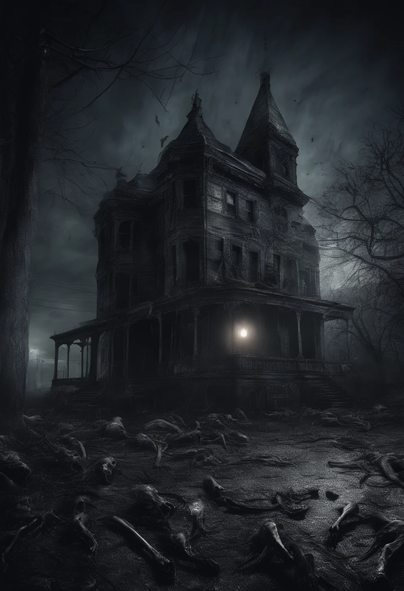 (nighttime scene), Horror, haunted, ghost creature, skulls, Images of street, Necrotic bacteria, Image style painting, Realistic, Shadows, HD, High quality, Cinematic