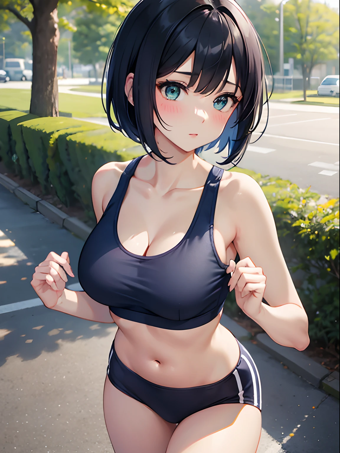 1girl in,Navy blue bob hair,Navy green eyes,Cute,blush, medium breasts⁩,  running, sports bra, morning, park