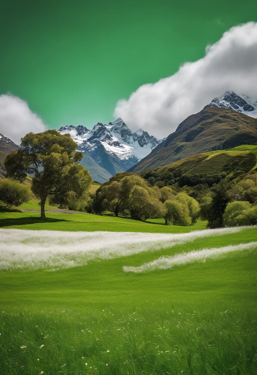 Green meadow,((White flock)),White cloudless sky,new zealand,4K,k hd