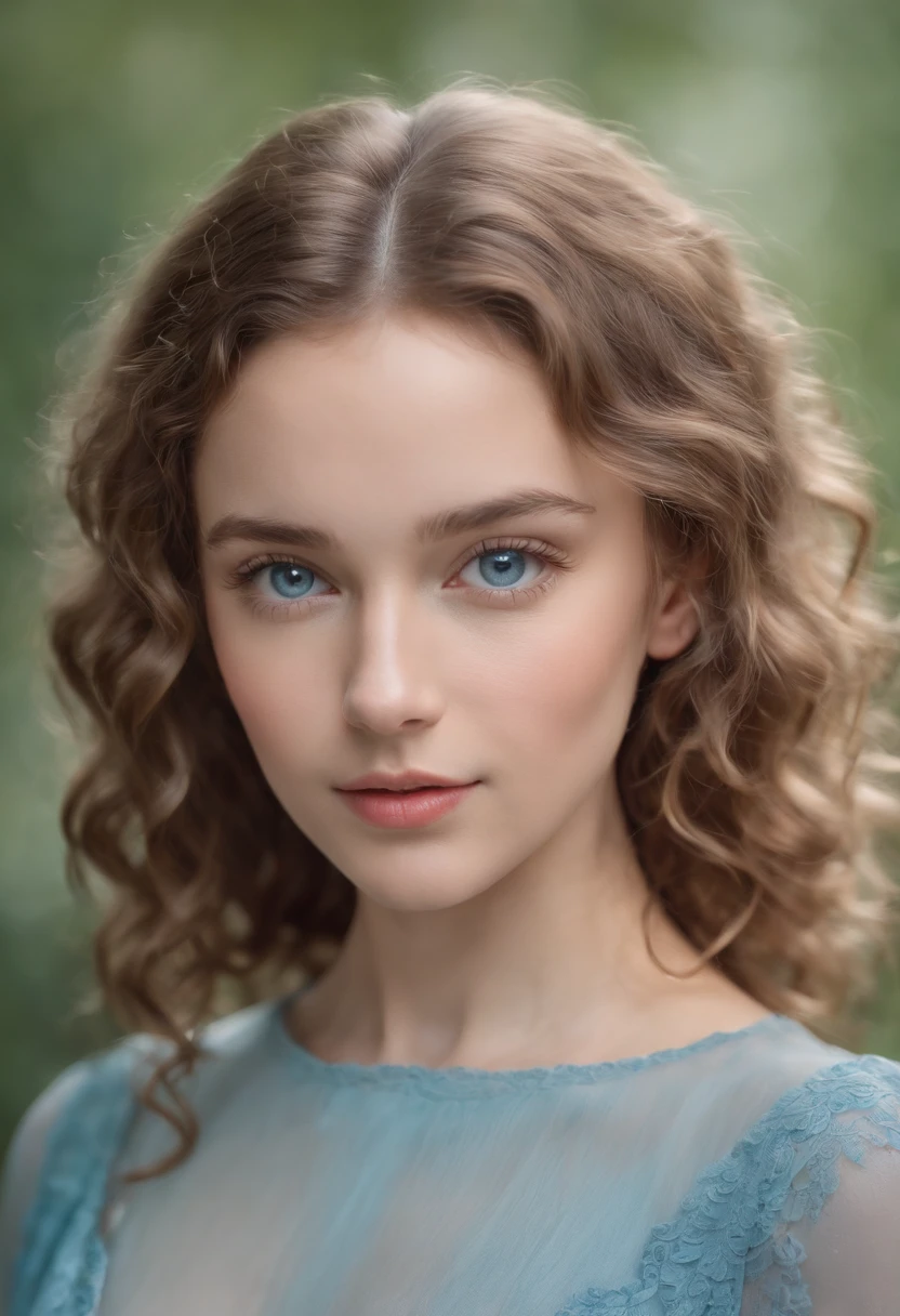 "Full body portrait of a charming girl with curly hair, petite figure, beautiful face, captivating blue eyes, and modest bust size, showcasing her natural beauty."