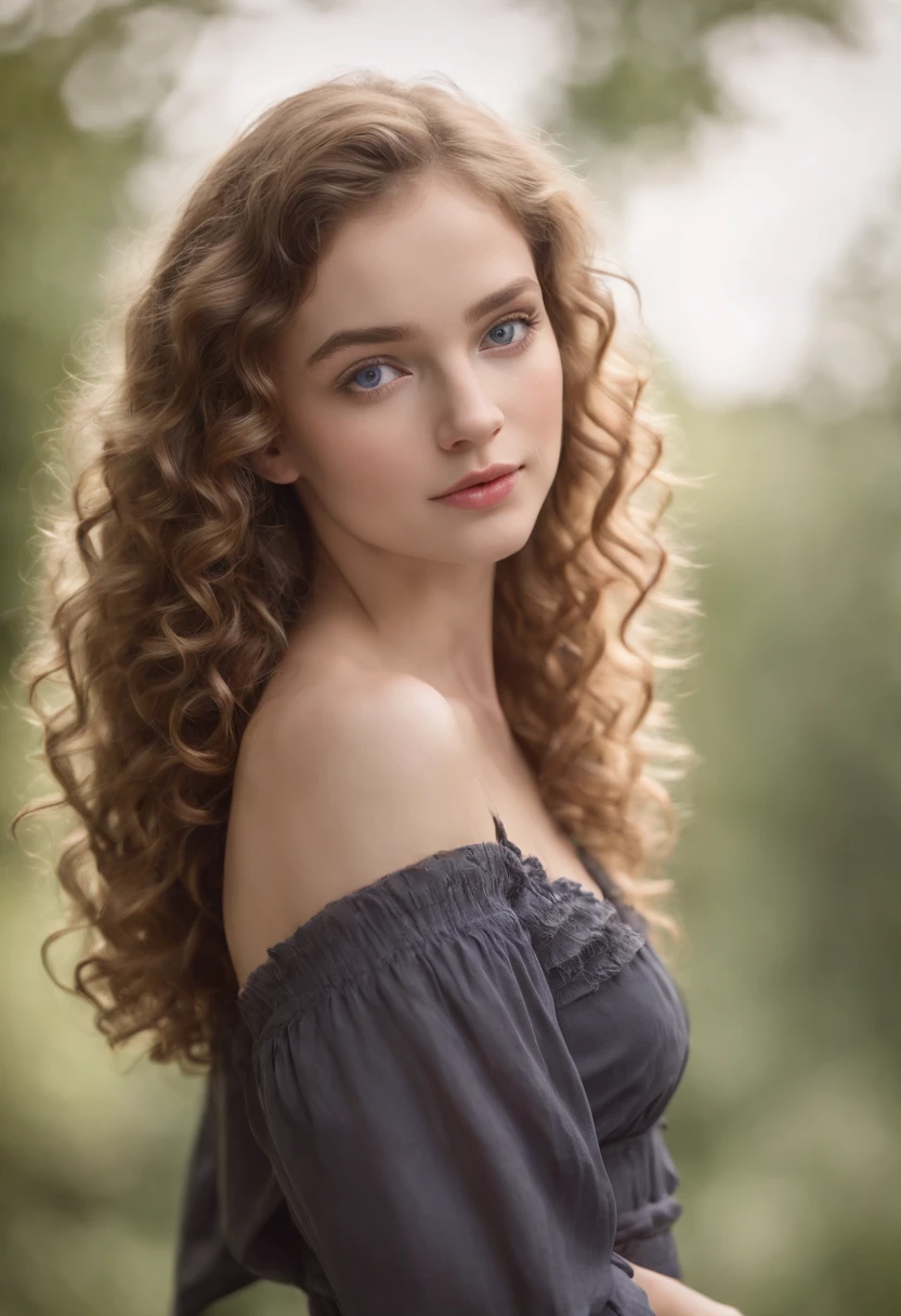 "Full body portrait of a charming girl with curly hair, petite figure, beautiful face, captivating blue eyes, and modest bust size, showcasing her natural beauty."