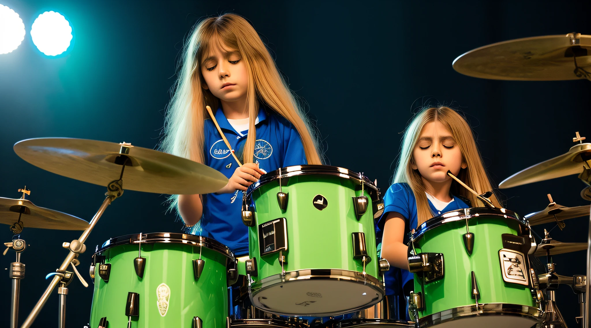 DRUMMER OF CHILD GIRL LONG HAIRED BLONDE, uniforme azul tocando bateria em frente a um palco. LUZES VERDES, VERDE. TOCHAS DE FOGO.