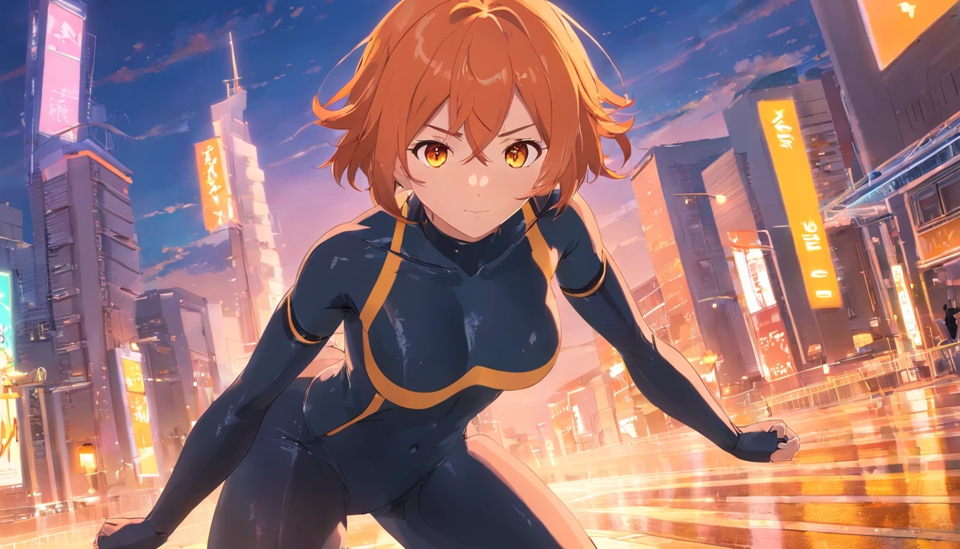 masterpiece、top-quality、1 female、Orange hair、Colossal tits、Big ass、black rubber suit、yellow eyes、thick thighs、a short bob、wide hips、Thigh muscles、(Spark:0.7)