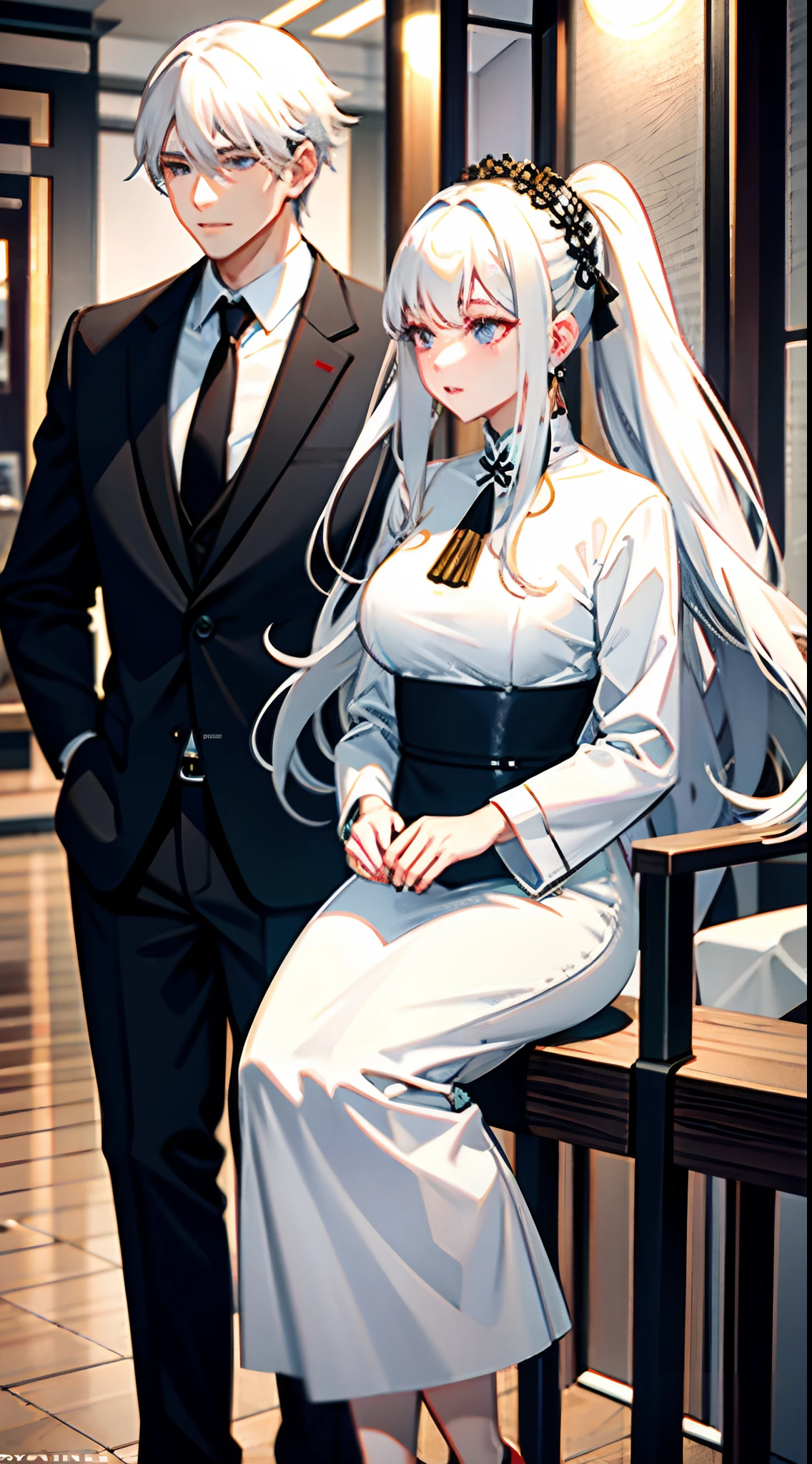 white hair woman、Men with dark hair、husband and wife、a couple、date、