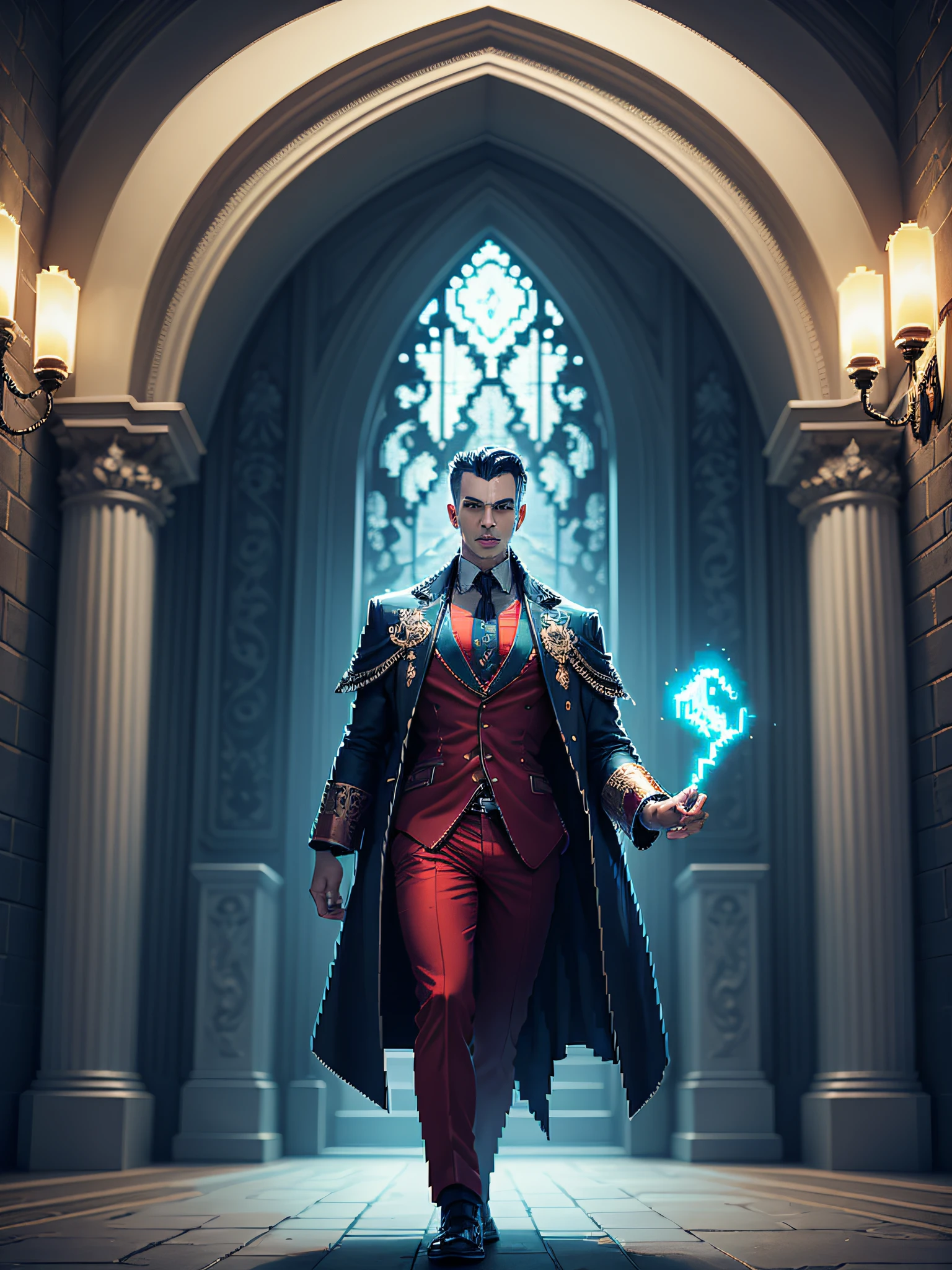 fabulous pixel art of a vampire in his castle living room pixel art, beautiful detailed pixel art, hyper detailed pixel art, conceptual pixel art, high quality pixel art, high quality pixel art, high quality pixel art, high quality pixel art, bioluminescent lighting, colorful, high contrast colors, pixel art style, Pixel art:3, 4k, beautiful