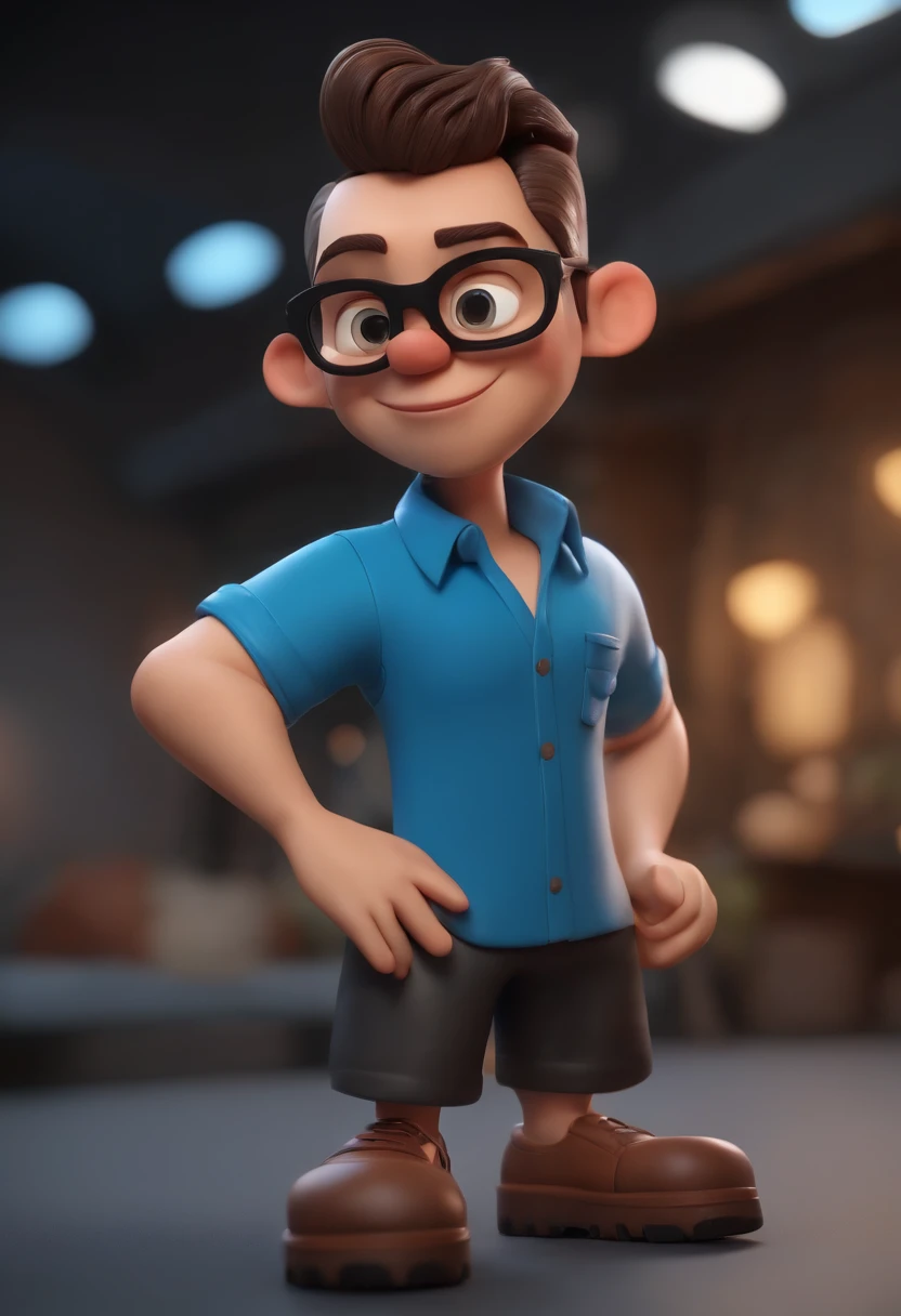 Cartoon character of a man wearing black glasses and a blue shirt, um personagem animado, Caractere estilizado, animation style rendering, 3D estilizado, Arnold Maya render, 3 d render stylized, toon render keyshot, Personagem 3D, Personagem 3D, 3d rendering stylized, 3 d character render, personagem de desenho animado, Personagem de close up, Pose de personagem, (Estilo Pixar) (master part:1.2) (Bokeh) (best quality) (pele detalhada) (textura detalhada) (8k) (argila) (Cinematic lighting) (foco nítido,Senta e vaza a parte superior do corpo