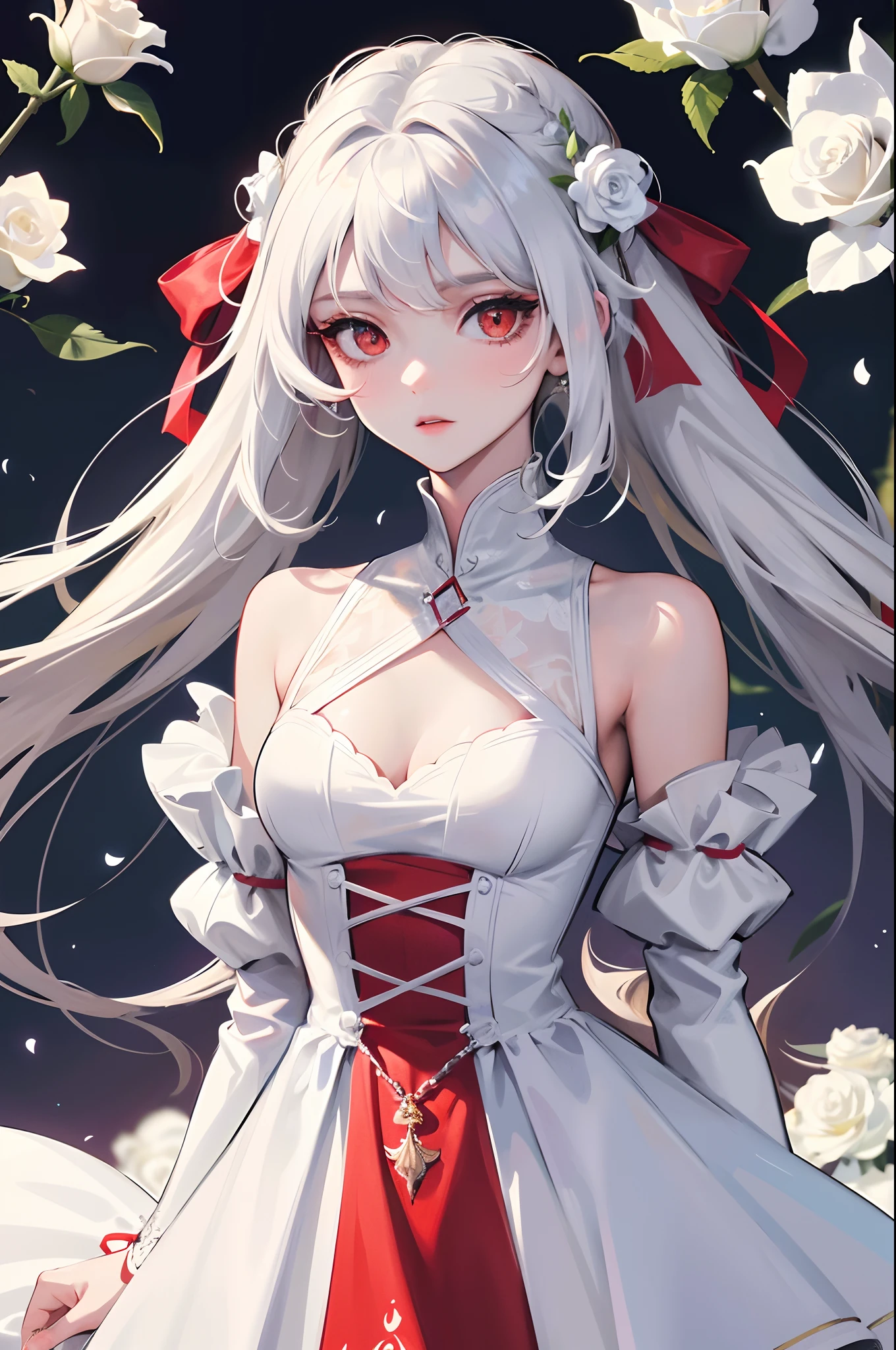 1 girl, Absurdres masterpiece HDR high quality portrait of a beautiful girl with white long straight hair and red eyes wearing detailed white dress holding a white rose