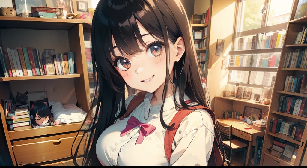 kawaii girl，Happy smile，Holding a cat、Best style、large full breasts、long eyelasher，best qualtiy、ultra-detailliert、inside in room、Bookshelf in background、Cute knick-knacks in the background