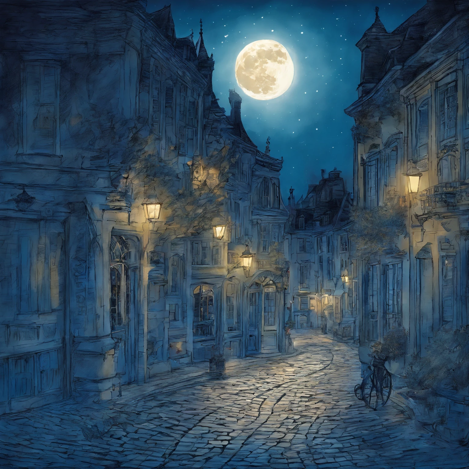 Moonlight shines on a street corner at 2 a.m. in Brussels、Dark shadows form in the city Pale watercolor style Fantastic Big Full Moon There is no light except for a faint light of the street lamps Picture book illustrations The overall color is strongly blue. Fantastic atmosphere