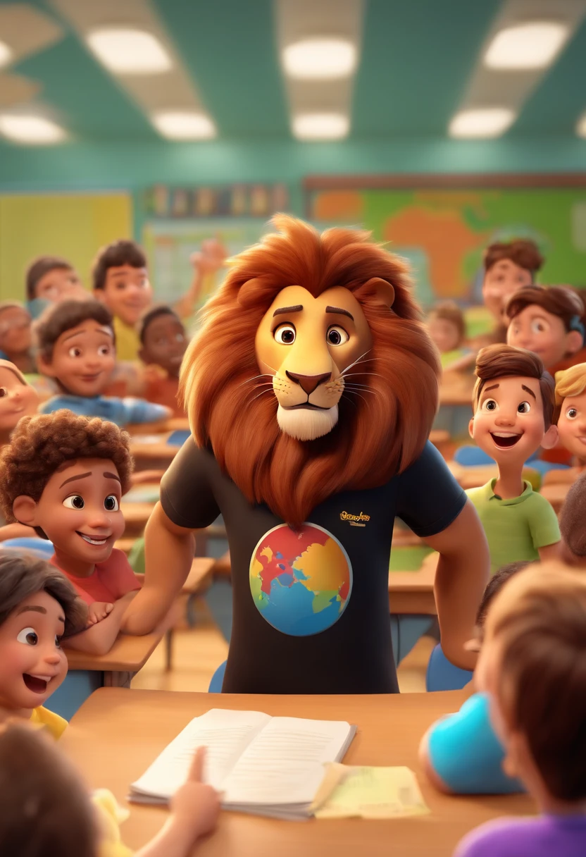 Lion Daren in a black t-shirt in a classroom with children in Disney Pixar 3D style