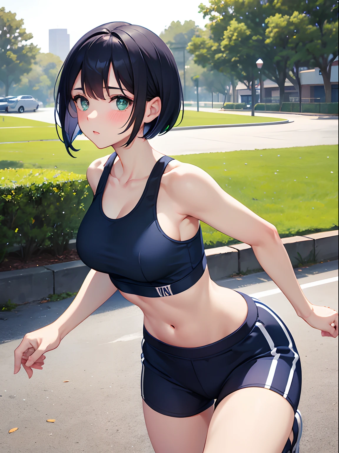 highest quality, (masterpiece: 1.2), very detailed,(perfect and beautiful posture:1.2),(fullbody shot:1.3,Solo,mature man),(short bob cut hair,flat chest:1.2), ((confused,embarrassed and blush:1.3)), shyness:1.1, (Sweaty, sunburned skin:1.3), (sexy Silver bra, short purple Pleated miniskirt:1),(erect nipples:0.4),navel out,(fake smile:1.5), (standing Straight:1.5), sexually,earrings,necklace,pink lips,black long socks,wide hips, steaming body, show teeth,midriff,At midnight,outside, park,black long socks,skneakers,black bob hair,blunt bangs,thick red lips,drooling,excessive cum,skinny,outdoor,navel out,(tight thigts),wheavy breathing,white and blue Track uniform,looking at viewer