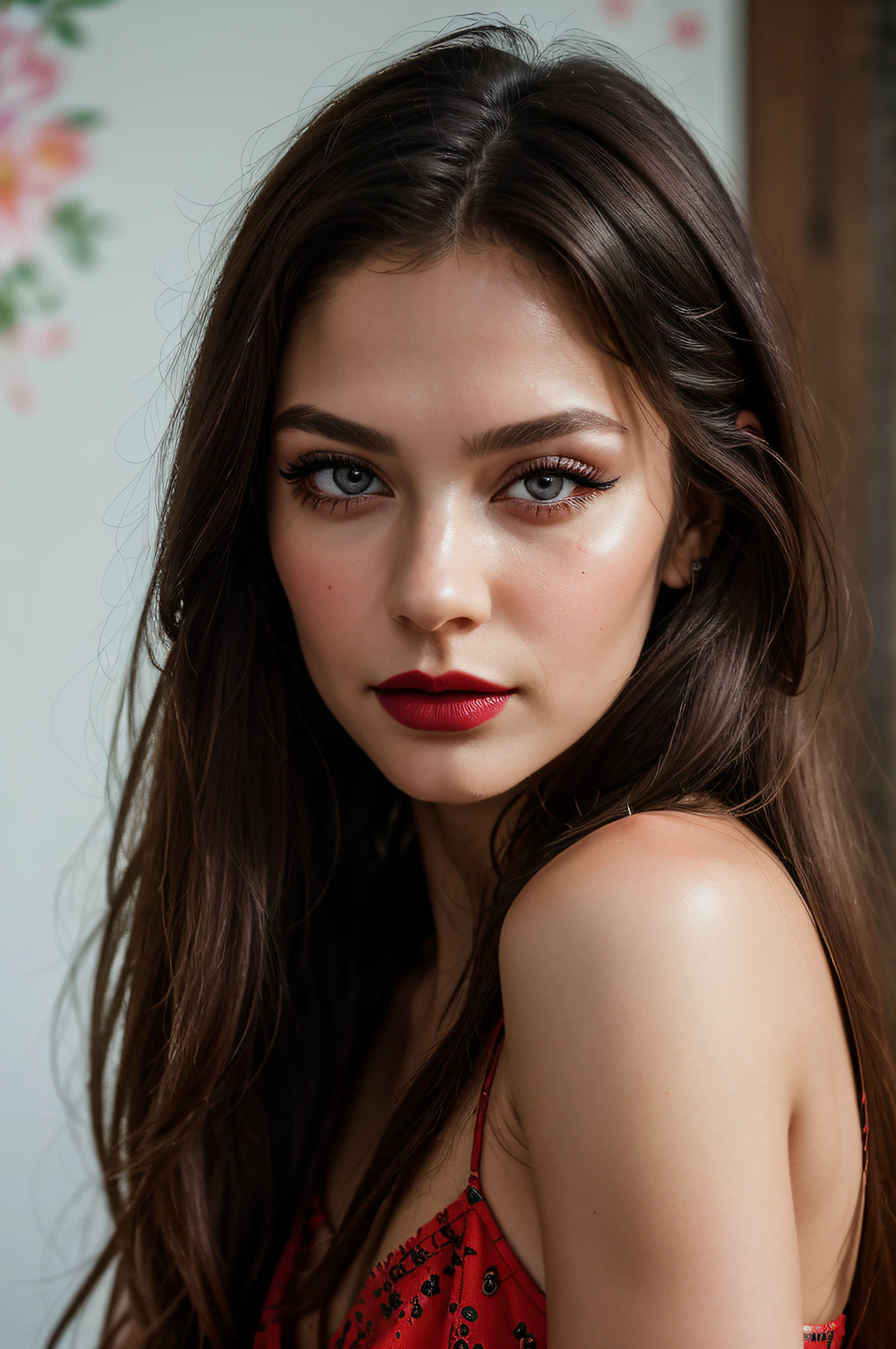 (masterpiece), (best quality:1.0), (ultra highres:1.0), portrait, 1 girl, detailed beautiful, face focus, (heavy mascara), (vivid lipstick), tomboy, skinny, very long hair, Norway face, wallpaper 8k, (white colourful hair), beautiful woman,  makeup, leggings, full body