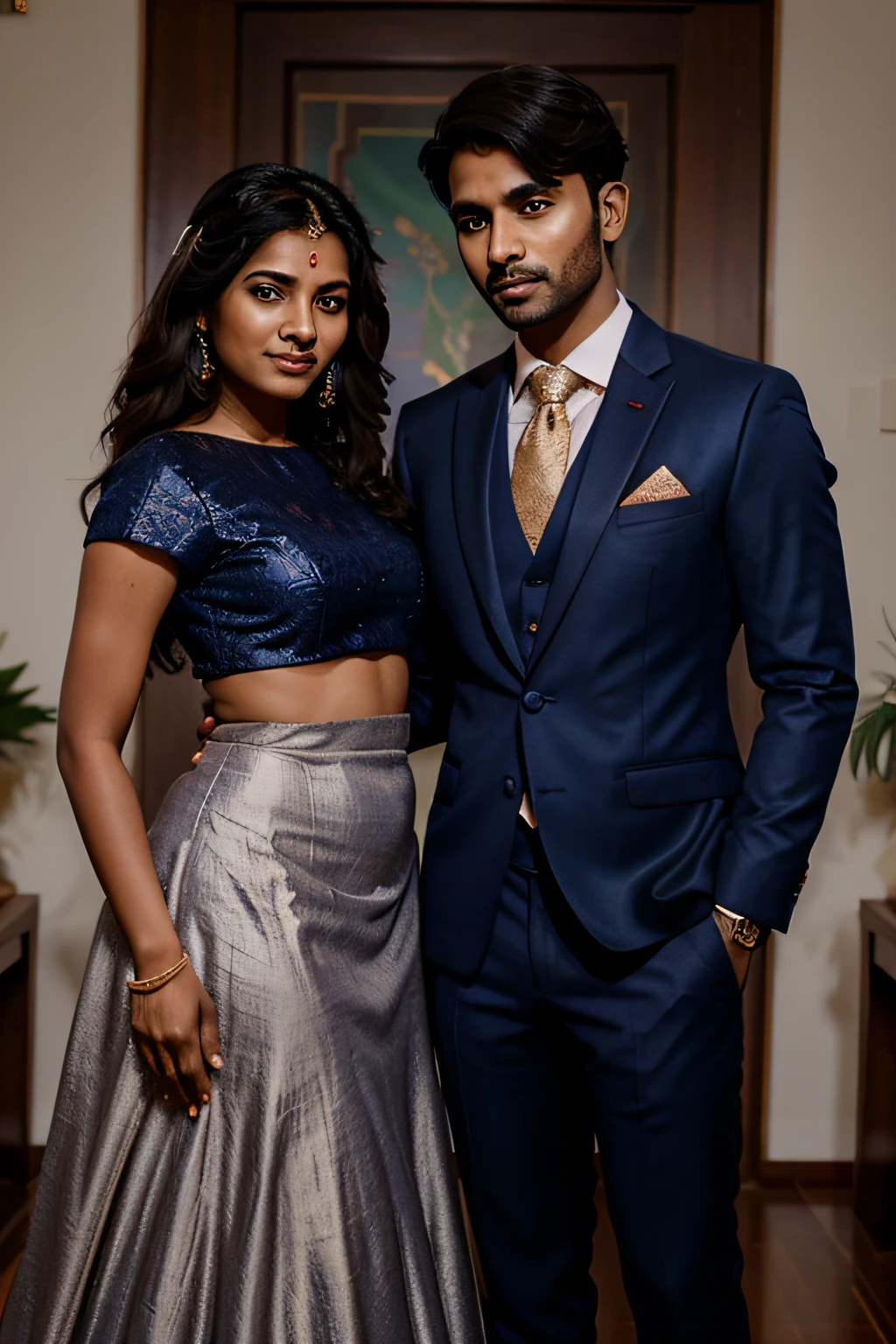 create a doodle about a tamil bride and groom with a dusky skin tone along with dress codes for groom in navy blue suite and the bride in lehanga its top in maroon colour and its bottom peacock blue.