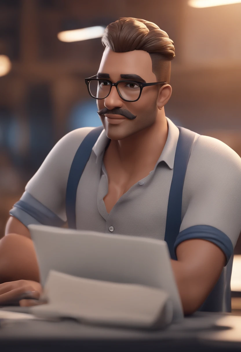 personagem dos desenhos animados de um homem baixo, com cabelo raspado, de barba, with black glasses and a dark blue polo shirt with a small logo on the left side written JBLopes Technology, com estilo de quem trabalha com TI, animation character, Caractere estilizado, animation style rendering, 3D estilizado, Arnold Maya render, 3 d render stylized, toon render keyshot, Personagem 3D, Personagem 3D, 3d rendering stylized, 3 d character render, personagem de desenho animado, Personagem de close up, Pose de personagem, (Estilo Pixar) (master part:1.2) (Bokeh) (best quality) (pele detalhada) (textura detalhada) (8k) (argila) (Cinematic lighting) (foco nítido