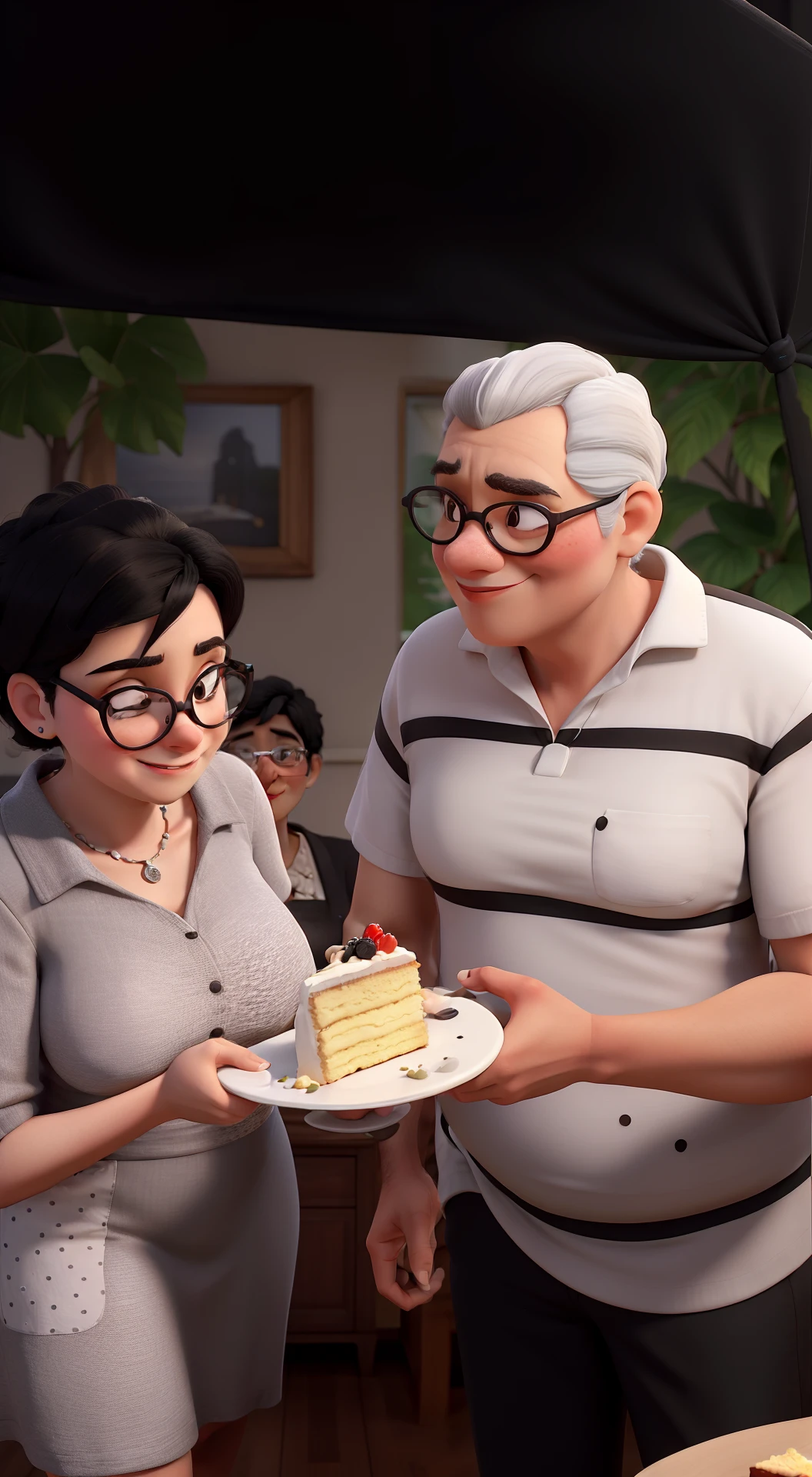 obra-prima, de melhor qualidade, um casal de idosos. She black-haired with no glasses and wearing a white dress with black polka dots getting a piece of cake from her fat, gray-haired husband wearing glasses
