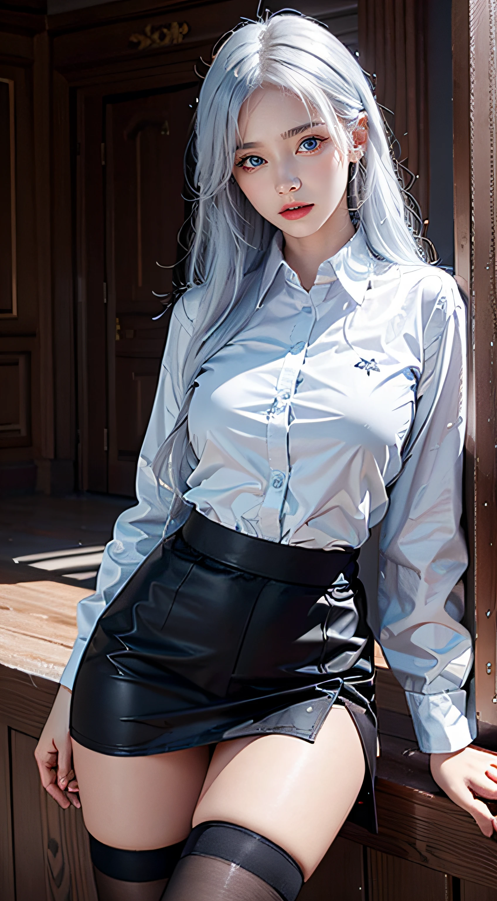 Photorealistic, high resolution, Soft lights, 1womanl, Solo, Hips up, Blue eyes, White hair, Long hair, shirt, Black skirt, thigh highs