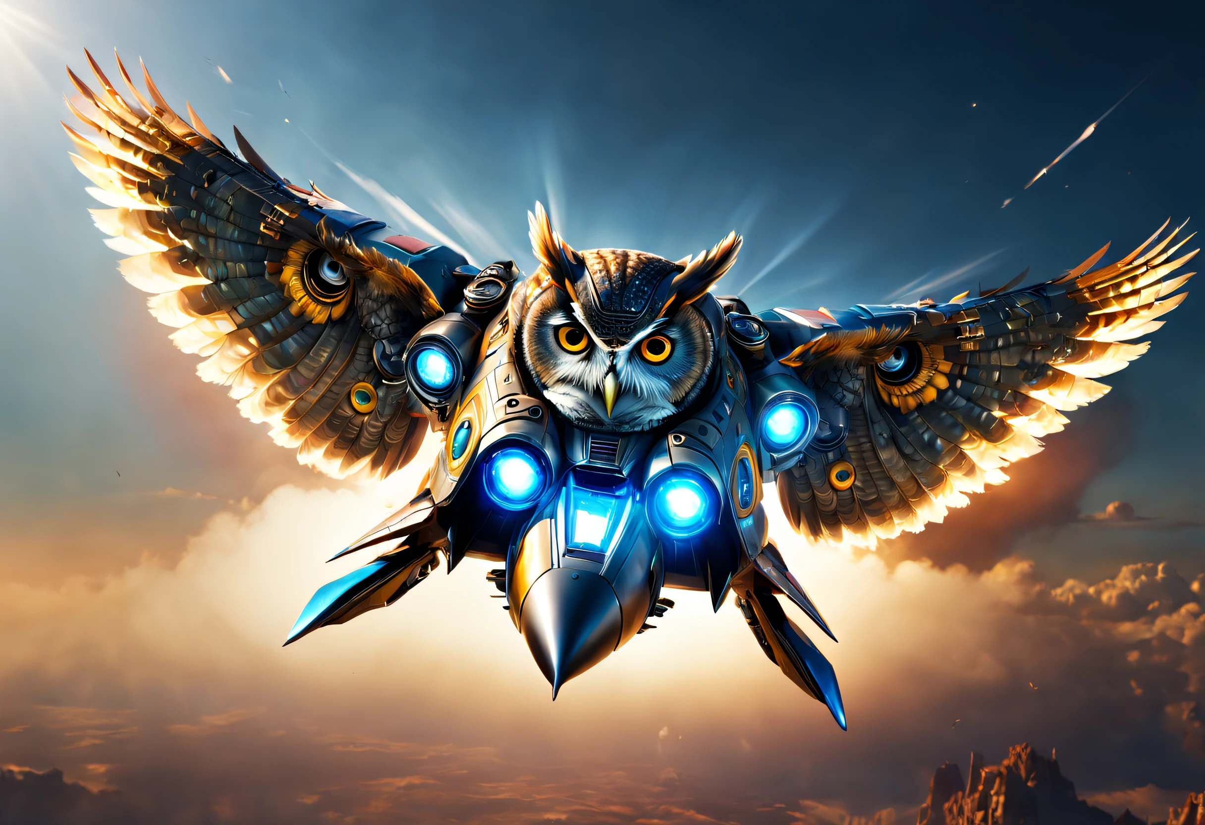 (Futuristic,Fighter,Mechanical) owl,falling from sky，Catch (mouse:1.1) with (precision:1.1). The Owl fighter has (Glowing eyes:1.1) and (Metal feathers:1.1) Under flash (Bright sunlight). Owl fighter (Sharp claws) Get ready to snatch the mouse (Extreme speed) and (accuracy). The scene is captured in (A high resolution), Exhibited (finest detail) Complex design of the Owl fighter. Picture display (Vivid colors), Highlight the contrast between the Owl fighter and the vivid blue sky. The image has (Clear focus), Every detail is allowed (Clearly visible). The lights in the photo highlight the reflections on the fuselage of the Owl fighter, Create a feeling (Depth) and (Realism). Brilliant sun projection (Long shadows), It gives a feeling (Dramatic intensity) to the website. The artwork is (Photorealistic) Capture the performance of the moment, How it was created (Advanced rendering techniques) Bring out (Brilliant technology) and (sleek) Owl fighter. The diagram shows (Futuristic) and (Adventurous) Mood & composition & lighting. (colours:Bright,colours:vibrant) Tone is used for enhancement (vibrancy) and (exhilarated) scene, Create visually stunning images. The (Color Palette) Mainly blue and gray, Representative (Aerial environment) Owl fighter soars. (Best quality,A high resolution,Photorealistic:1.2),Ultra-detailed,(Vivid colors),Studio lighting,Bokeh