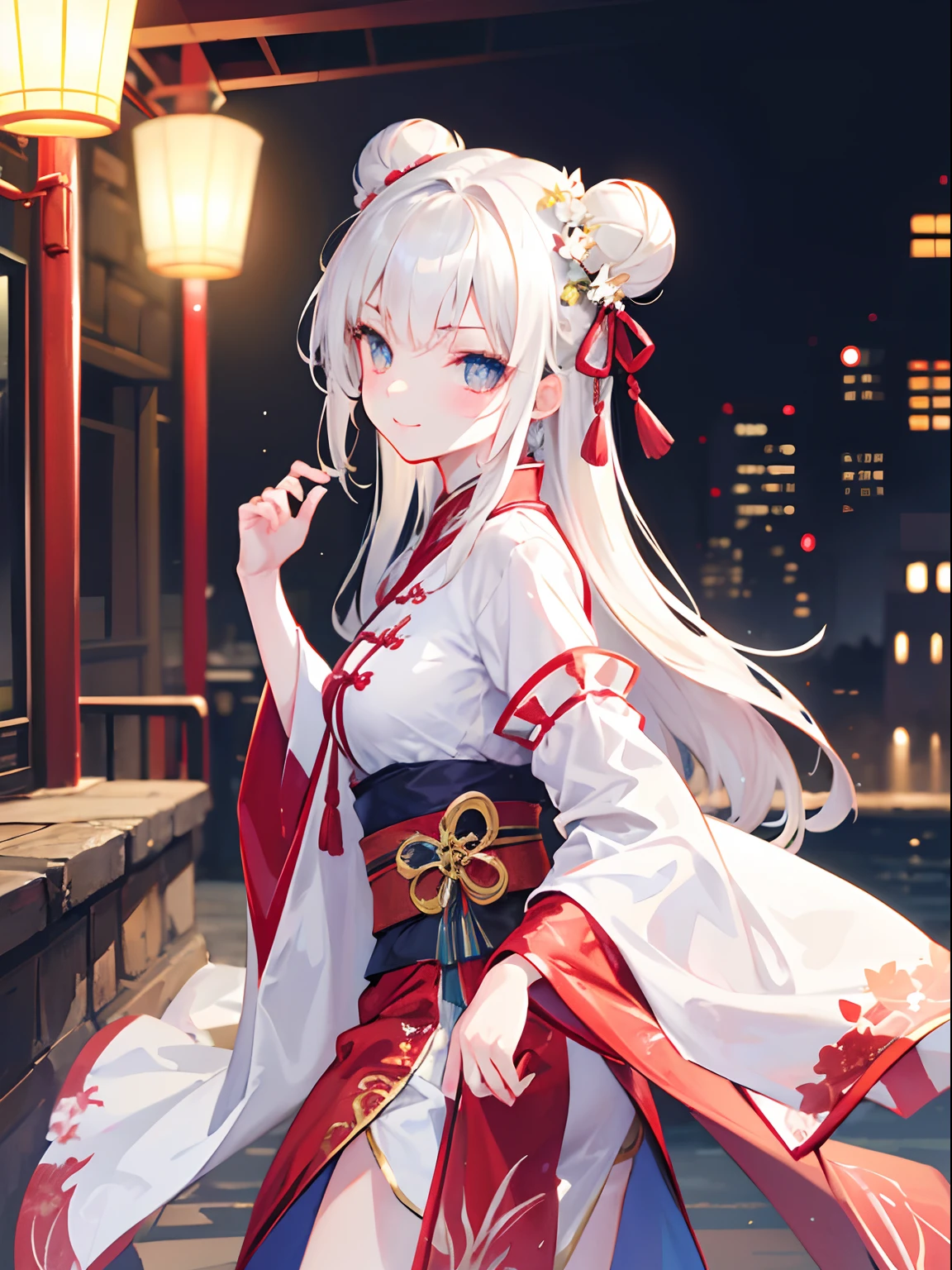 masutepiece, Highest Quality, (Perfect face:1.1), (high detailing:1.1), (ultradetailed eyes), Dramatic, superfine illustration, Extremely detailed, 1girl in, (pale skin), long white hair, Ethereal eyes, (light eyebrow), ((Lovely smile)), Solo, Long hair, Pouty lips, Proud Expression, Cinematic lighting, Looking at Viewer, Cowboy Shot, hair bun, hanfu, double bun, outdoors, long sleeves, chinese clothes, blurry, bangs, blurry background, hand up, ribbon, wide sleeves, Looking back