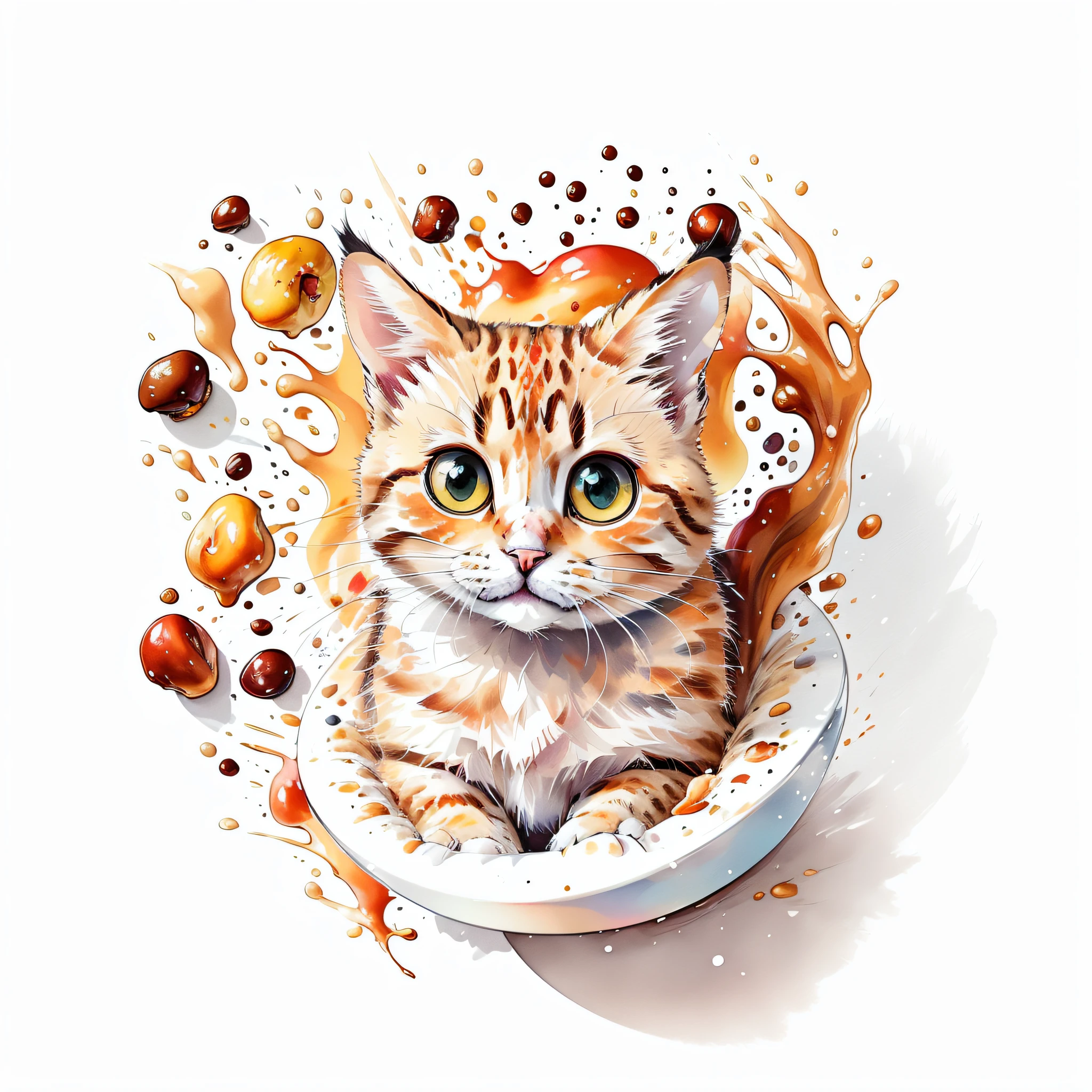 circular design, logo art, (cat design with nutty caramel),(nutty caramel on the table), fantasy, colorful, vintage, charming: white background, lowbrow art, digital illustration, radiant; gouache, 16k, minimalistic, doodle, CGSociety, solarpunk, crispy quality, sharp, bright, volumetric lighting, intricate, ample negative white space, as a logo, as a t-shirt logo in the style of art, vladstudio ,