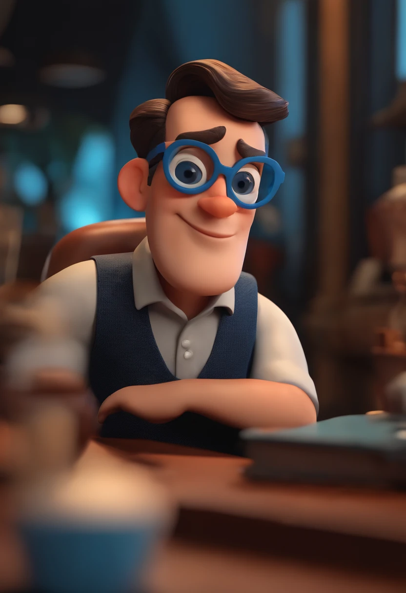 Cartoon character of a man wearing black glasses and a blue shirt, um personagem animado, Caractere estilizado, animation style rendering, 3D estilizado, Arnold Maya render, 3 d render stylized, toon render keyshot, Personagem 3D, Personagem 3D, 3d rendering stylized, 3 d character render, personagem de desenho animado, Personagem de close up, Pose de personagem, (Estilo Pixar) (master part:1.2) (Bokeh) (best quality) (pele detalhada) (textura detalhada) (8k) (argila) (Cinematic lighting) (foco nítido，Senta e vaza a parte superior do corpo