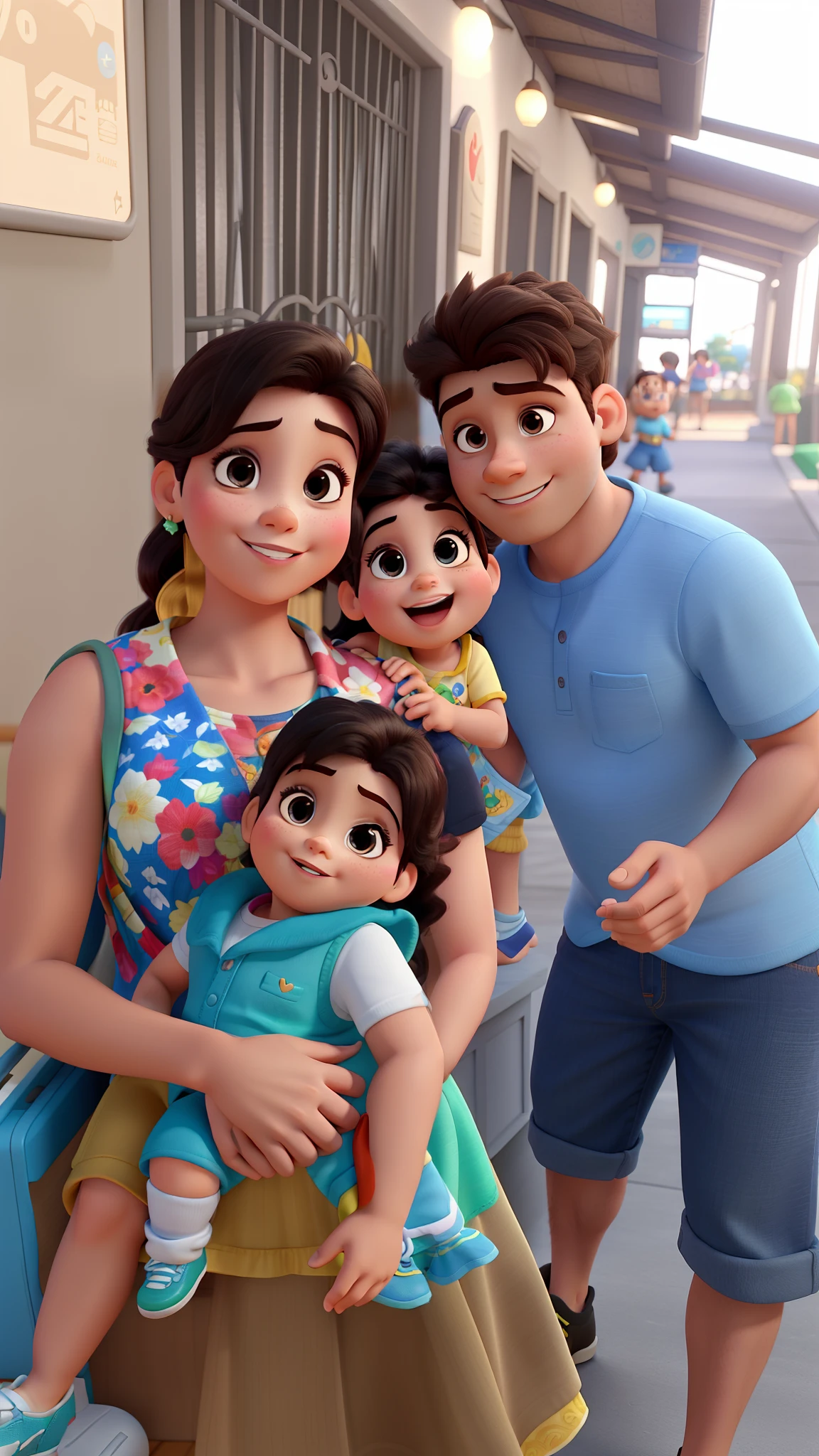1 mulher 2 meninos e 1 bebe mulher no estilo Disney pixar, alta qualidade, melhor qualidade