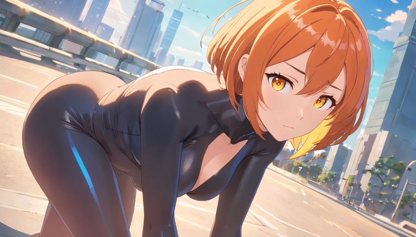 ​masterpiece、top-quality、1 female、Orange hair、Colossal tits、Big ass、black rubber suit、yellow  eyes、thick thighs、a short bob、wide hips、Thigh muscles、(Spark:0.7)