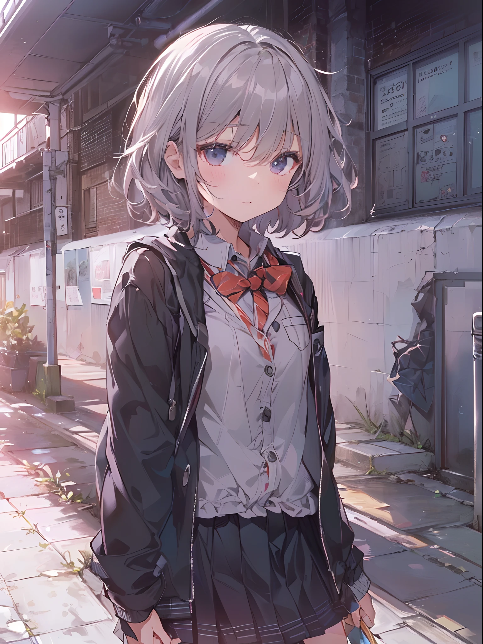 ((top quality,anime,ultra-detailed,high resolution,extremely detailed CG,unity 8k wallpaper,by famous artist,perfect anatomy,super detailed skin,cinematic lighting,UHD, retina, ccurate, anatomically correct, textured skin,1080P)),break,(Please draw a girl walking sleepily to school. :1.3),break, 1girl, (Solo,Loli face,13-year-old:1.5),a junior high school student, (Very Short hair),Full limbs,complete fingers,flat chest, Small butt, (androgynous charm), Beautiful detailed black eyes, disgusted eye, school Uniform, cowboy shot, (Detailed Lighting), (Detailed background), (in the school zone),