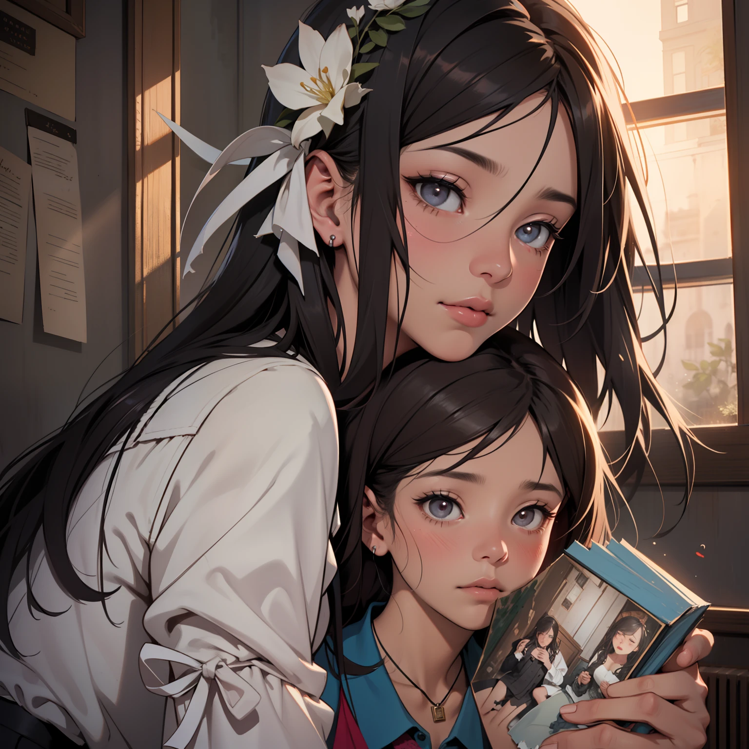 La mejor calidad,Ultra detallado,realista,Retratos,Dramatic lighting,Heart-shaped pendant,expresiones emocionales,Enfoque suave,colores vibrantes,Teary,melancholic environment,Tristeza,historia de amor,dimly lit room,gestos de llanto,angustia,emotional connection,anhelo,Dispair,soledad,Recuerdos desvanecidos,Esperanza,Romantic Setting,emociones apasionadas,ojos tristes,Symbolic Elements,Amor no correspondido,Torn Photographs,Amor perdido,Reflejo en el espejo,Arte vectorial,Obra maestra,angustia,tragically beautiful,Vulnerabilidad emocional,Heartache,Momentos conmovedores,Momentos de ternura,Internal turmoil,soledad,luto,Recuerdos que se repiten,Recuerdos agridulces,Secretos susurrados