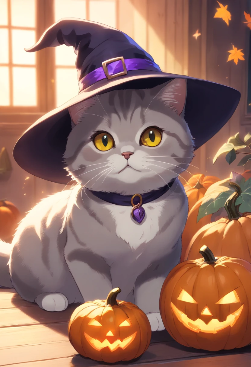 A British Shorthaired Cat Wearing a Witch's Hat, Com uma cauda curta, Pumpkin, dia das bruxas, Morcegos (best quality, 4k, Altas, ultra-detalhado), Realistic, Retratos, cores vibrantes, soft lighting