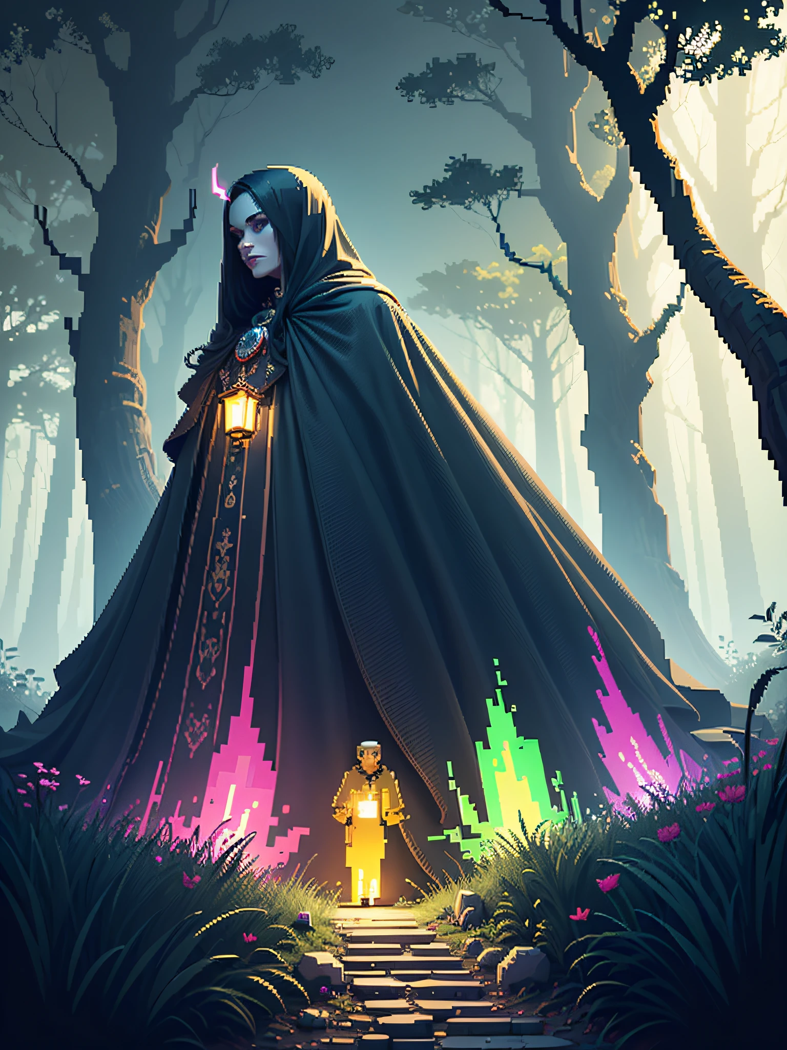 fabulous pixel art of a vampire in a forest pixel art, beautiful and detailed pixel art, hyper detailed pixel art, conceptual pixel art, high quality pixel art, high quality pixel art, high quality pixel art, high quality pixel art, bioluminescent lighting, colorful, high contrast colors, Pixel art style, Pixel art:3, 4k, beautiful