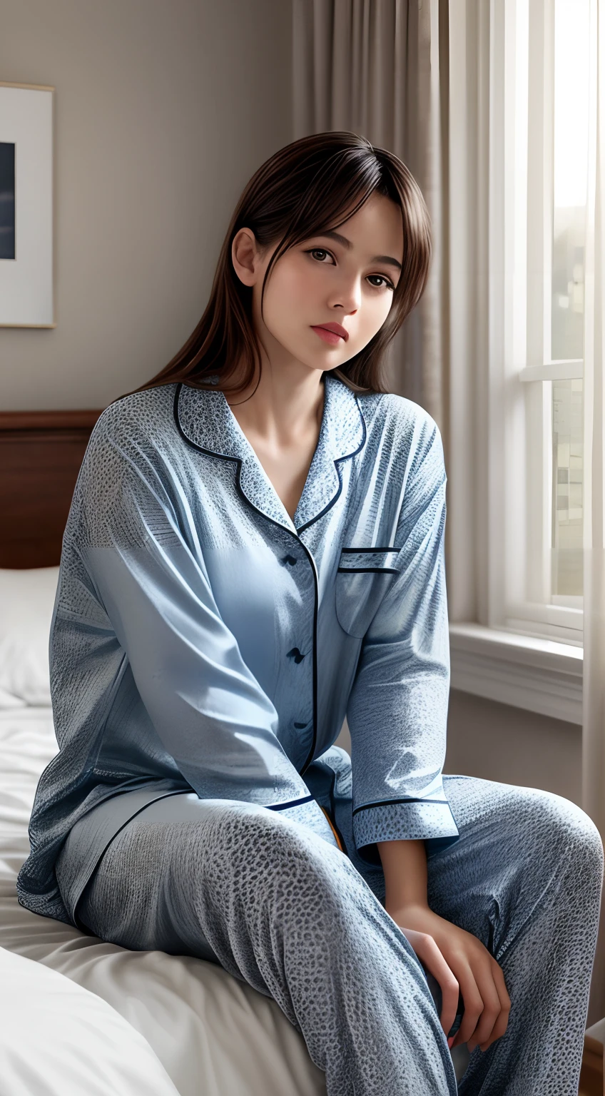 best quality, masterpiece, ultra high res, 8K, raw, (photo realistic:1.4), physically-based rendering, depth of field, looking at viewers, slender, (sitting:1.1), in the bed room, detailed beautiful face, 1 girl, cute, young, nose blush, big black eyes, open mouth, tiny breasts, black hair, detailed clothes, (pajamas:1.3), no shoes ,pureerosface_v1,