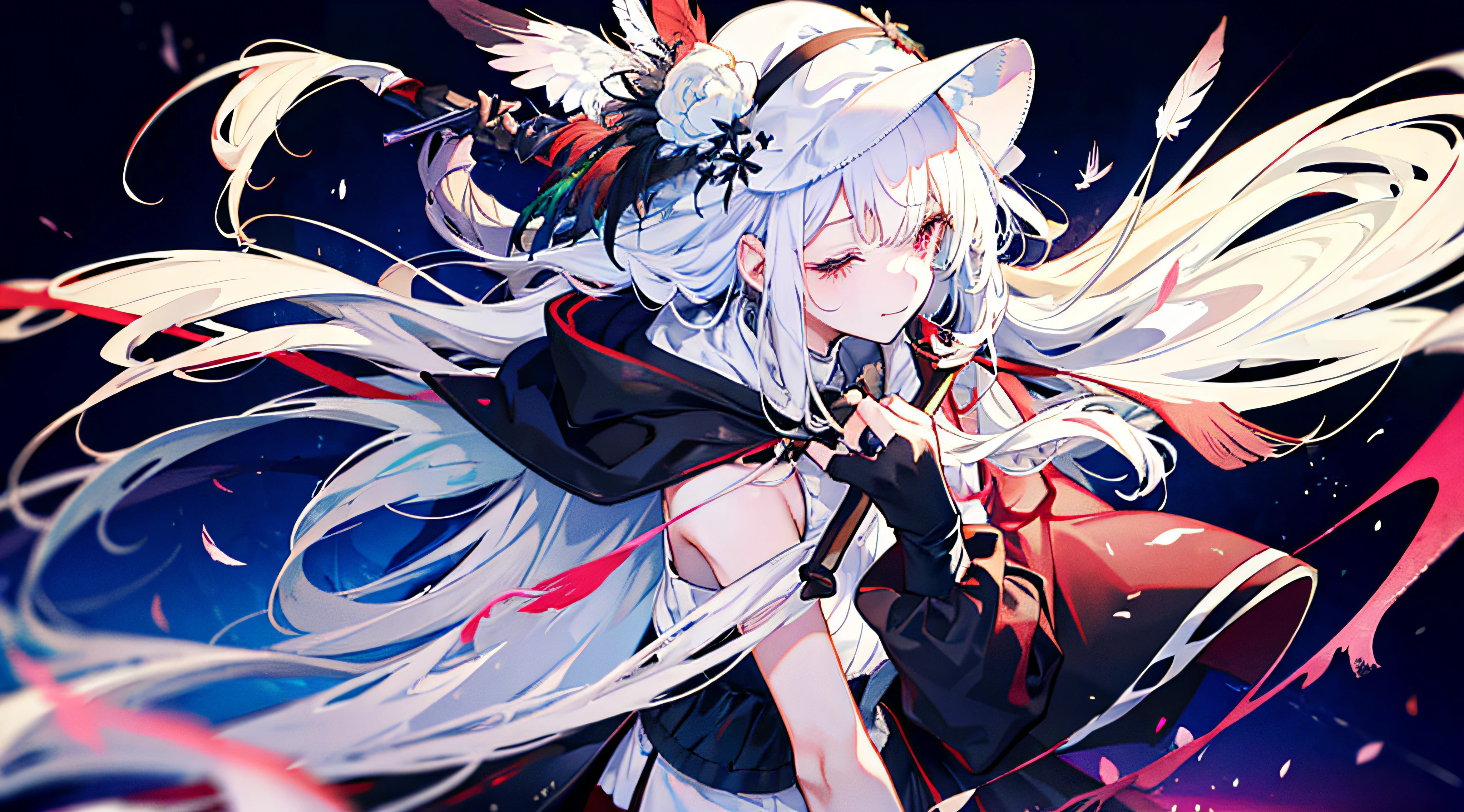 1 girl,Blood red eyes,White blouse,Long white hair,Looking at the audience,Particles of light,Smile with closed mouth,Stars,Beach hat,Sleeveless,Bare shoulders,With bangs,From the side,(She wears a black hooded trench coat,There are fine feathers on it),Tilted head,Tight socks, nipple tassels, flower knots, gloves, beautiful detailed eyes, detailed background, black long socks, rural home background, carrying a vampire scythe sword, fingers wearing gloves, night background, with eyes closed.